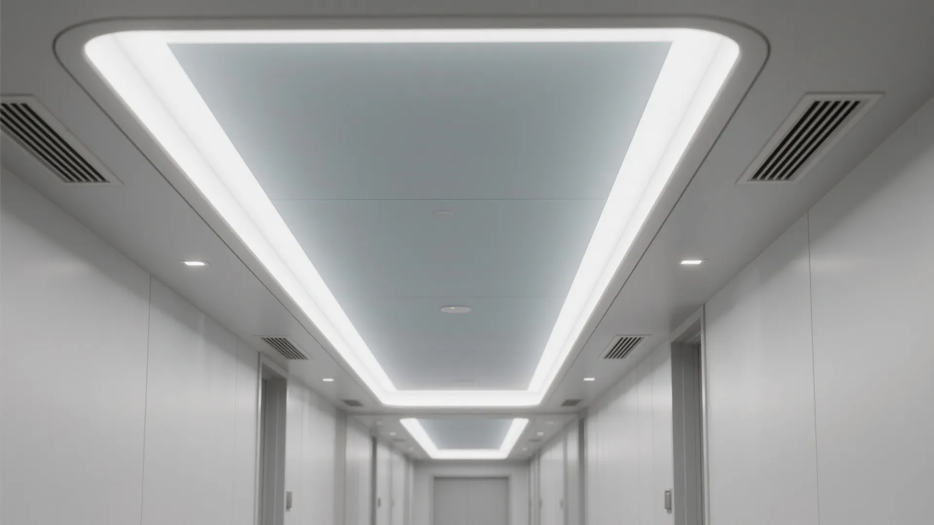 Bright hallway interior design featuring a large recessed ceiling light panel and white wall panels