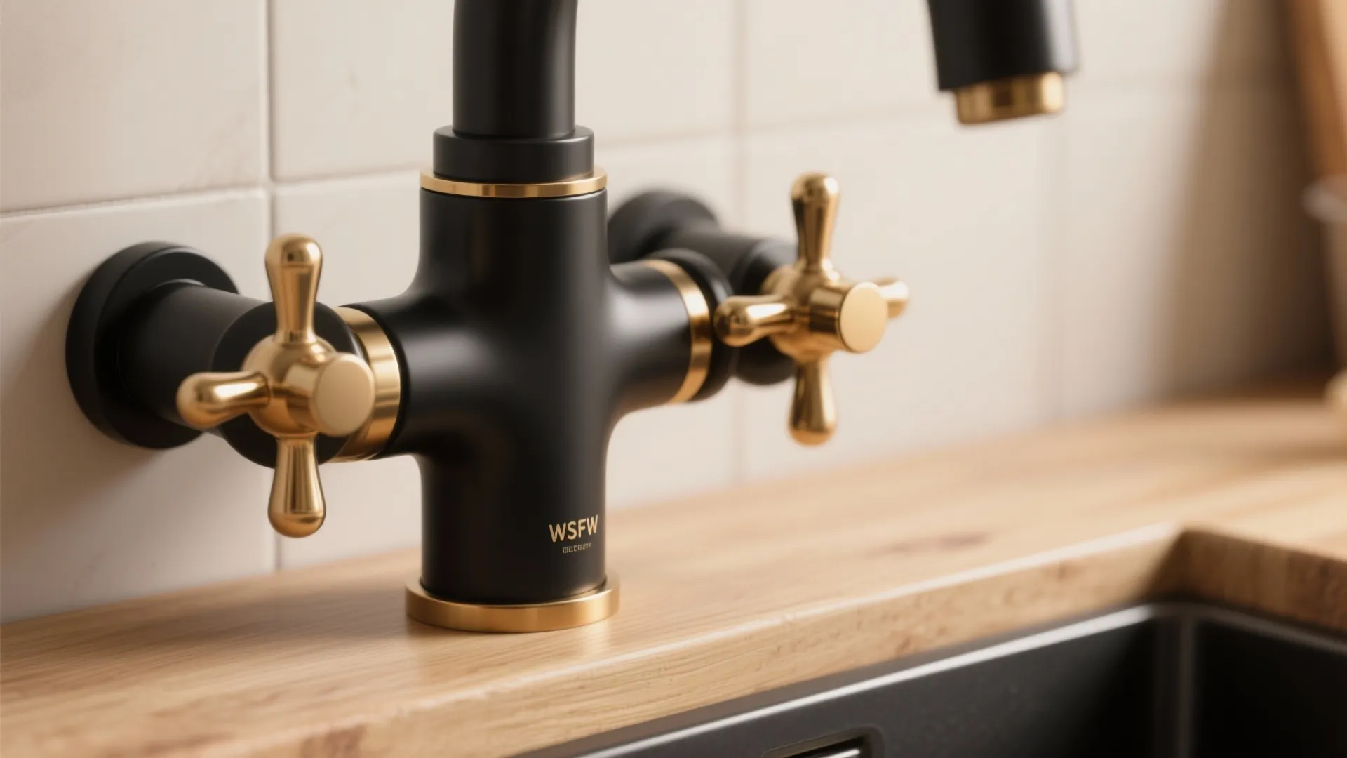 4. Two-tone matte black tap with brass accents for warmth