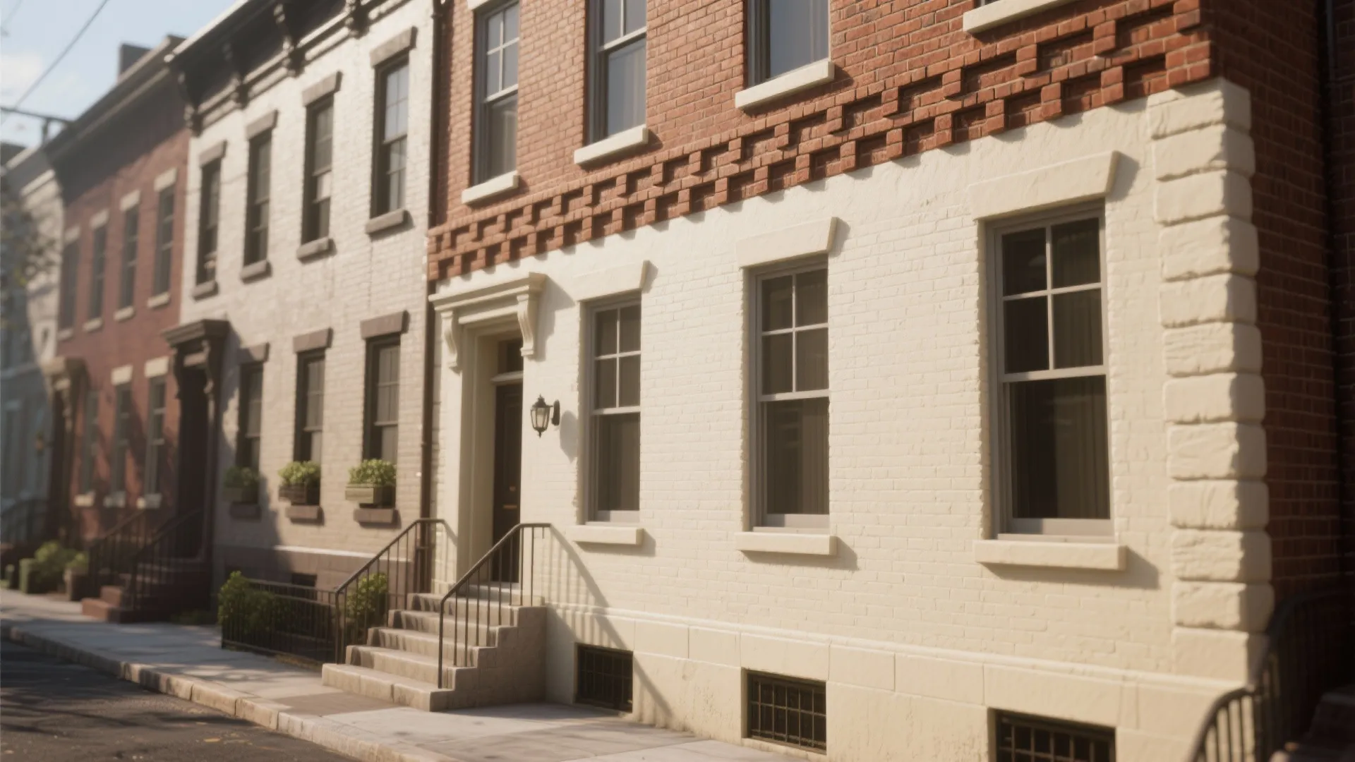Row house exterior with two tone design featuring red brick top and white painted bottom