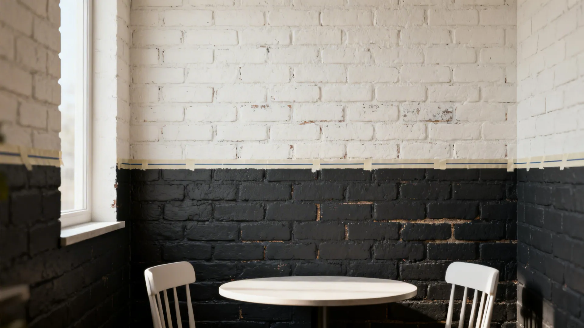 Brick wall painted white and black with masking tape divider white table and two chairs