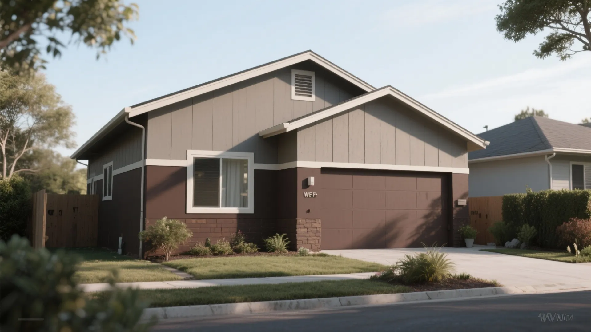 Modern house with grey and brown two tone wall panel design garage and green lawn