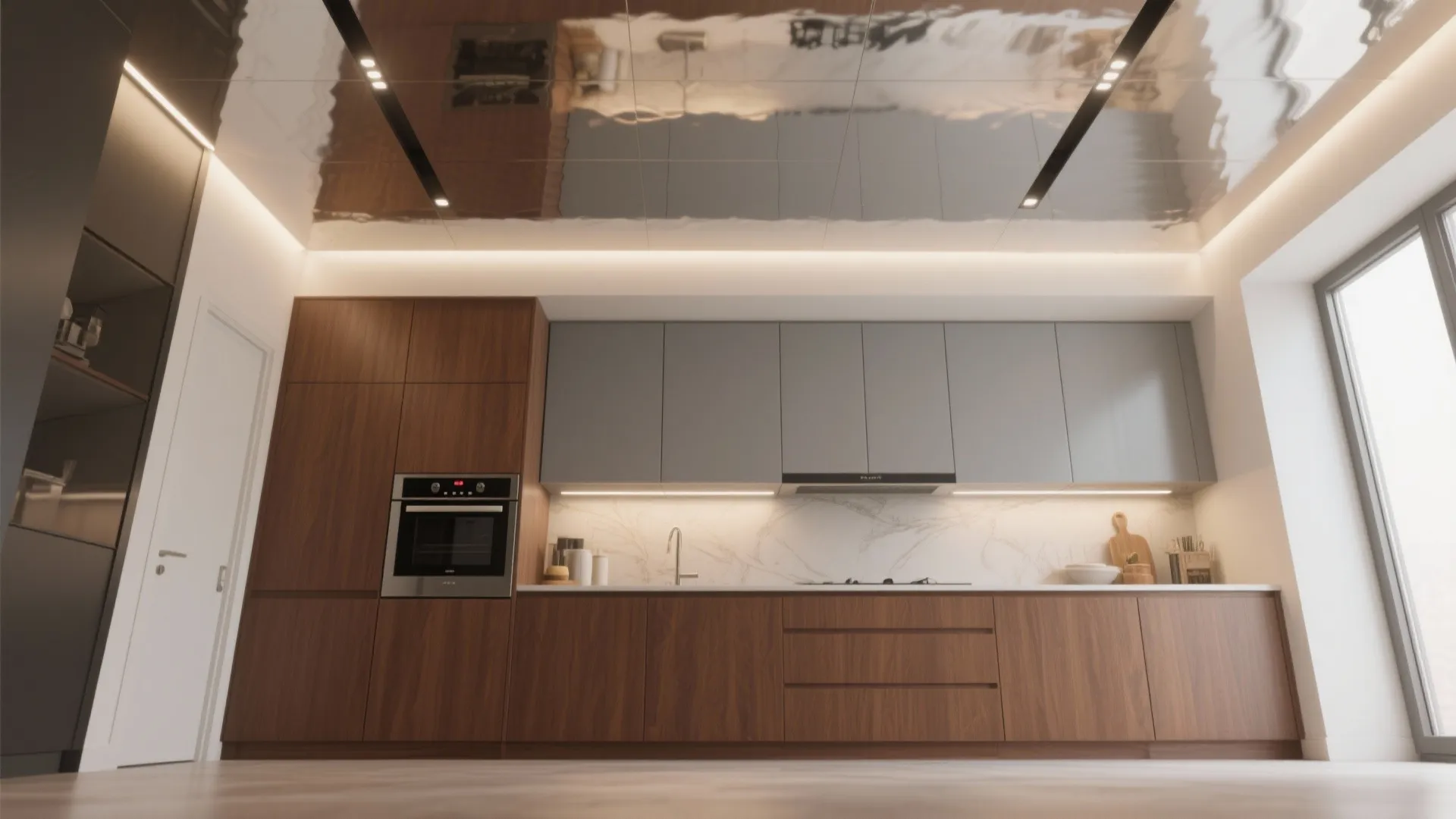 2. Two-tone cabinetry: brown lower, grey upper