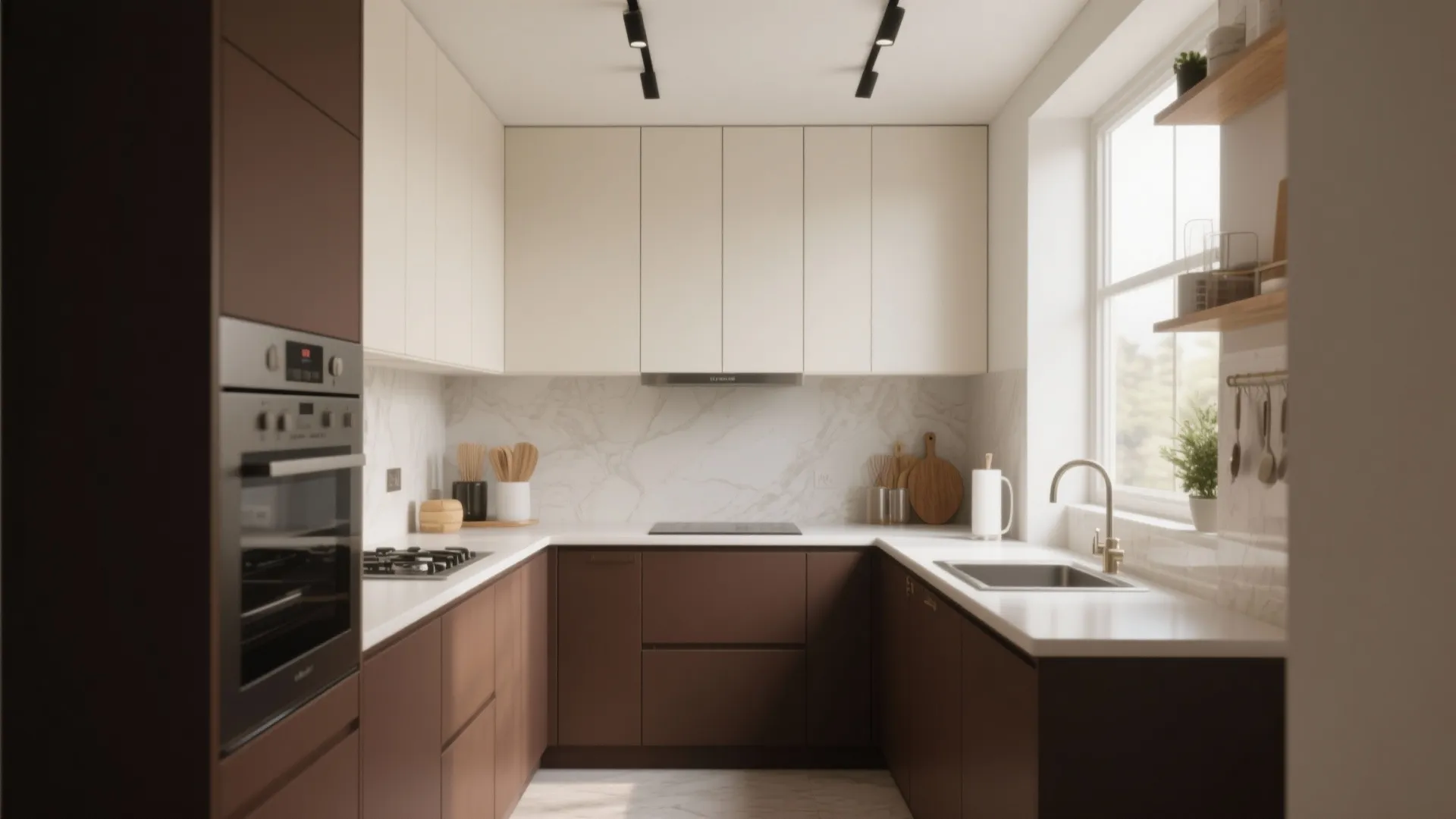 Modern two tone kitchen with brown lower cabinets white upper cabinets marble backsplash and window