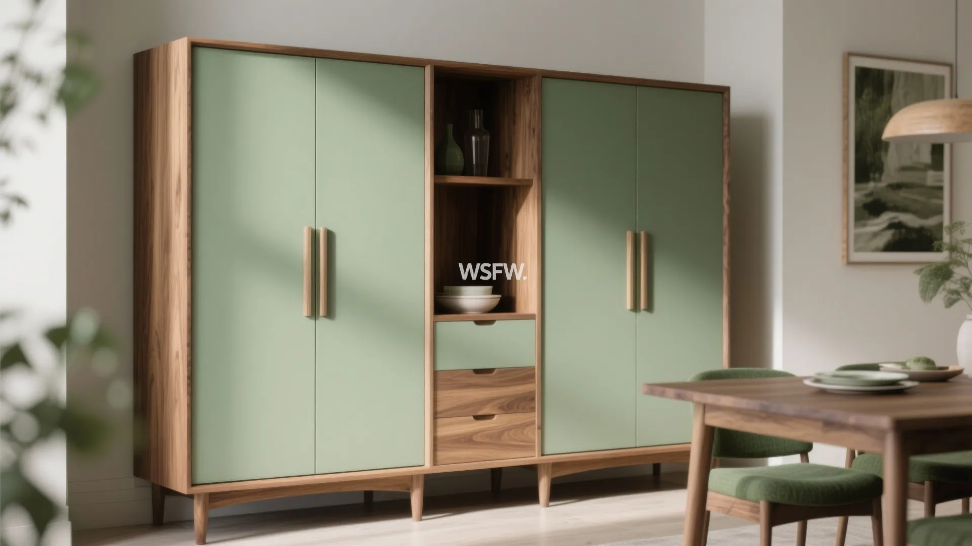 Large wooden cabinet with sage green doors and drawers sitting in a bright modern room