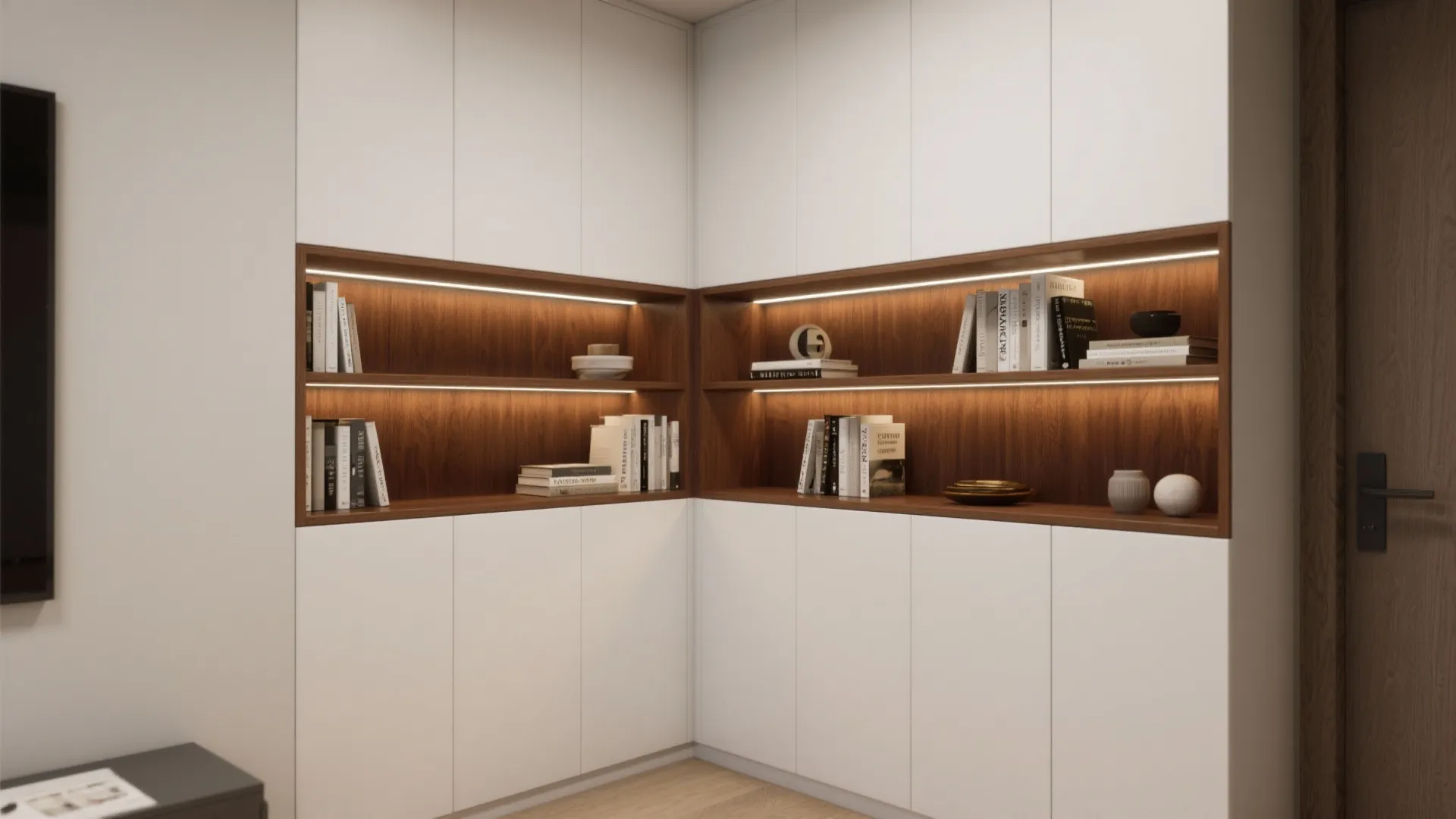 4. Two-tone built-ins: white cabinets with brown trim