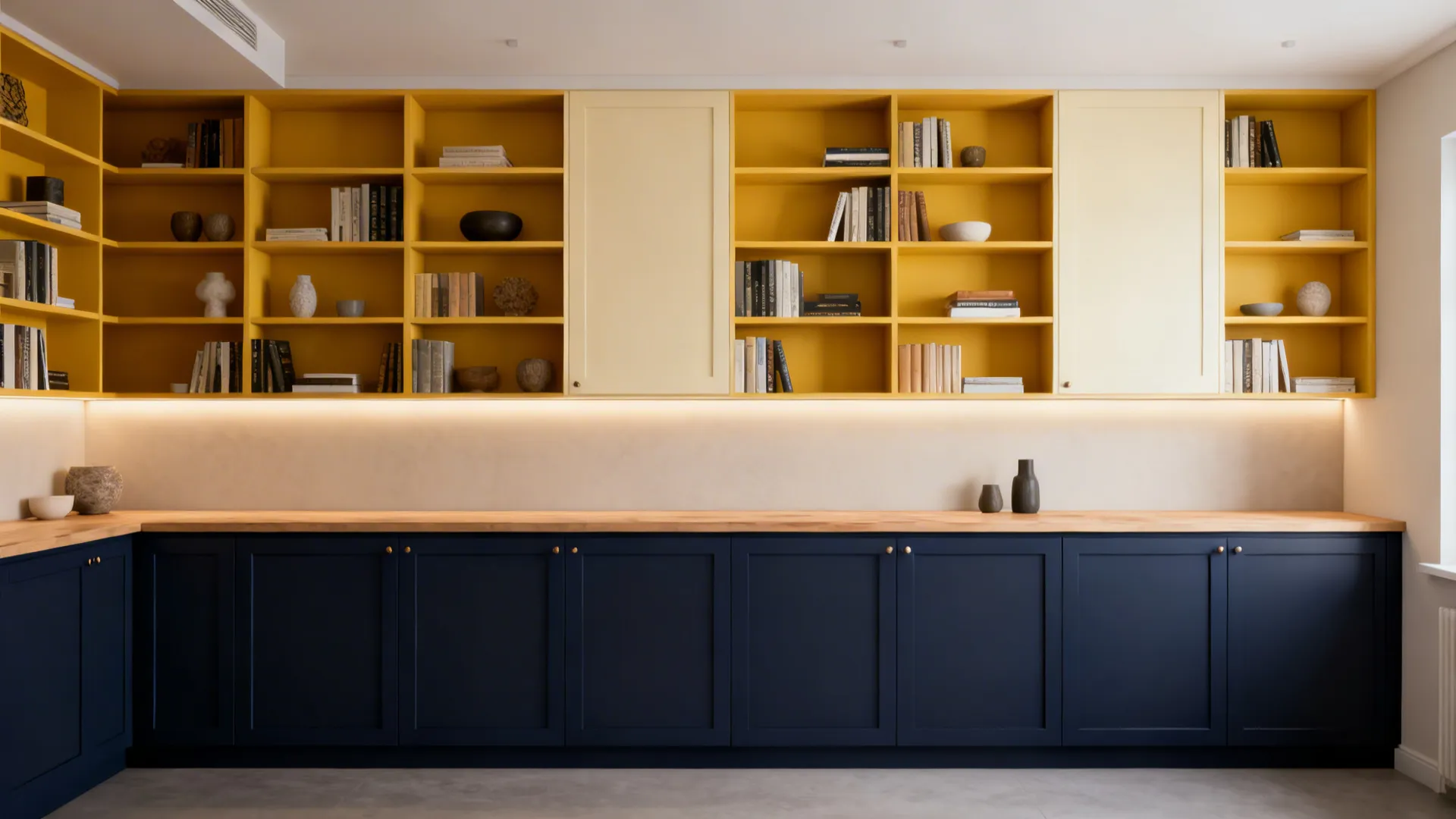 Two-tone built-ins with navy lower cabinets and yellow-cream upper shelving in a small living area