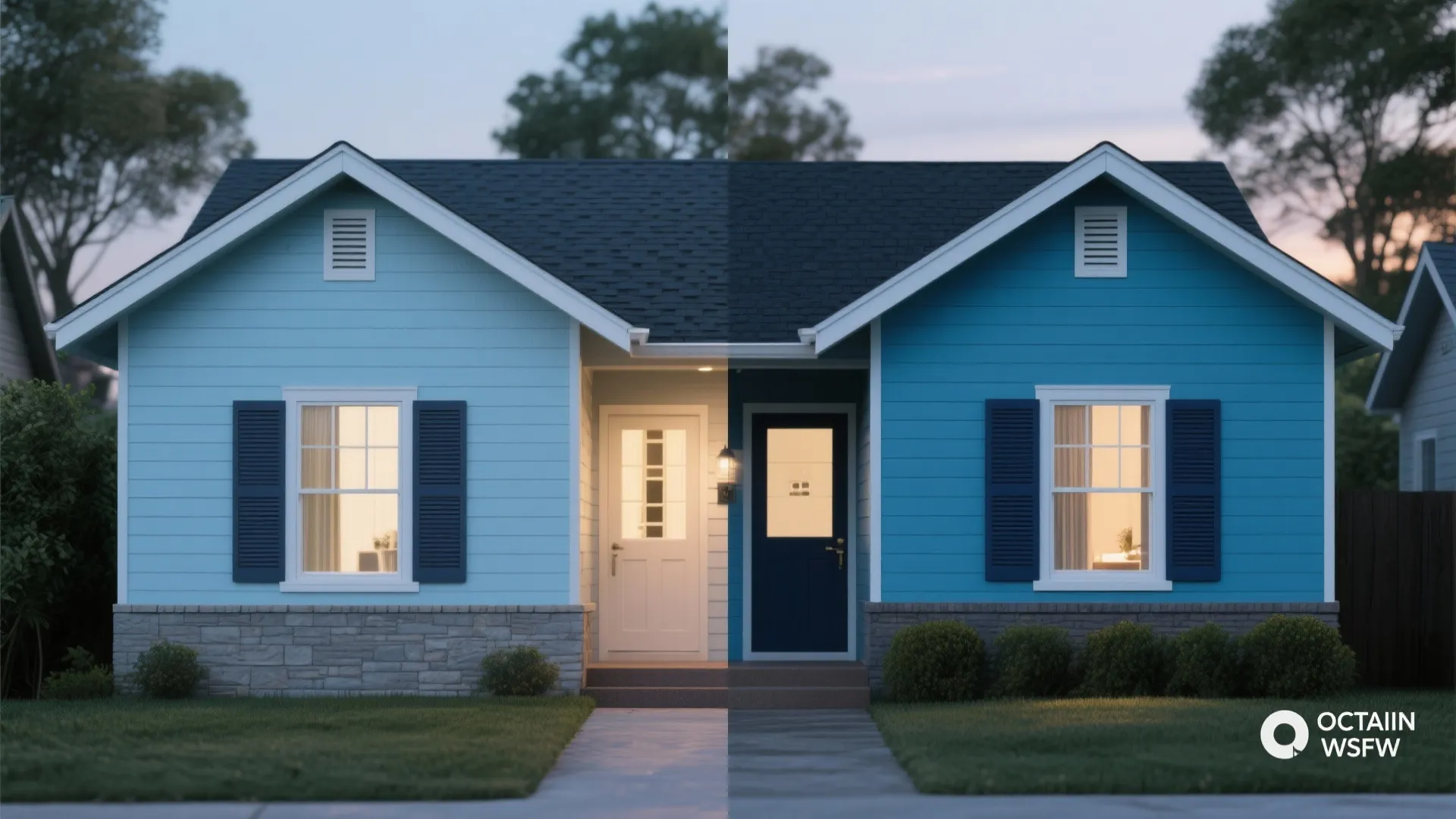 Before and after comparison showing a house with light blue paint versus dark blue exterior colors