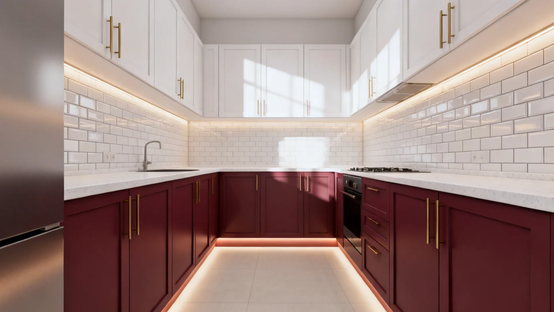 Small kitchen with satin burgundy lower cabinets and white uppers creating a light, tall feel.