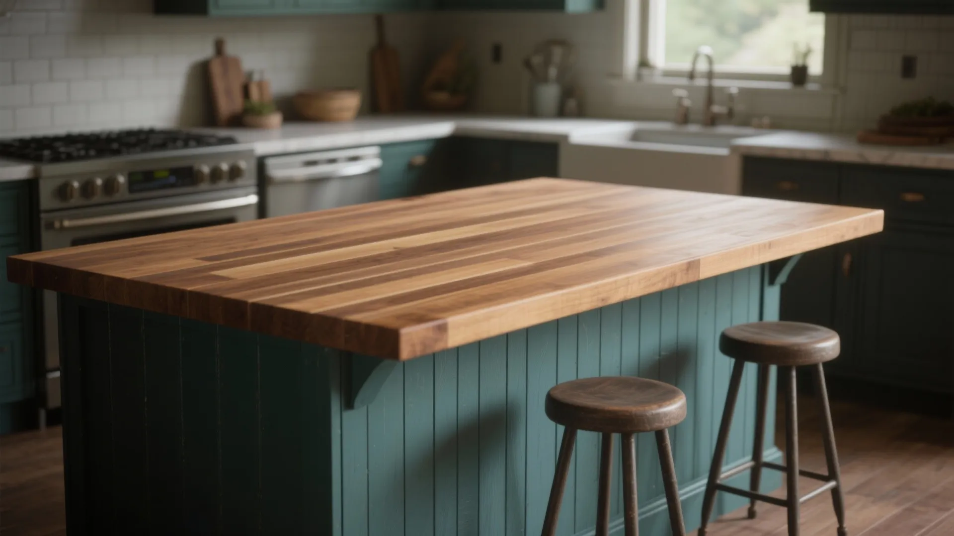 Modern kitchen featuring a wooden island countertop green cabinets round wooden stools and white wall tiles