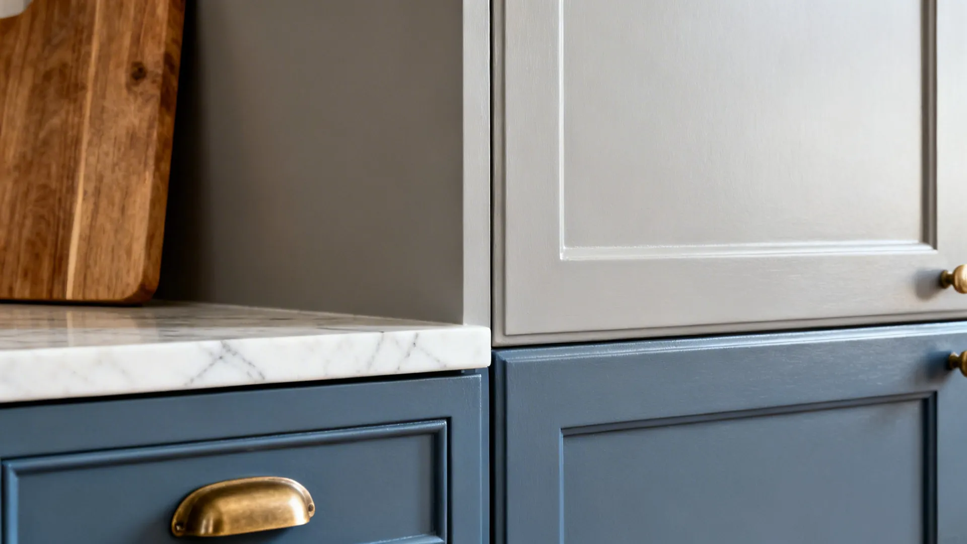 2) Blue Lower Cabinets, Light Grey Uppers for Balance