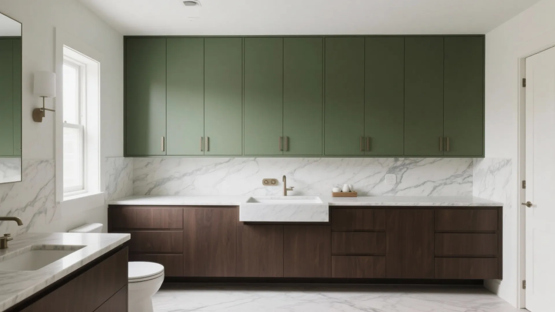 Modern bathroom featuring green upper cabinet wood lower cabinet marble counter and white floor tile design