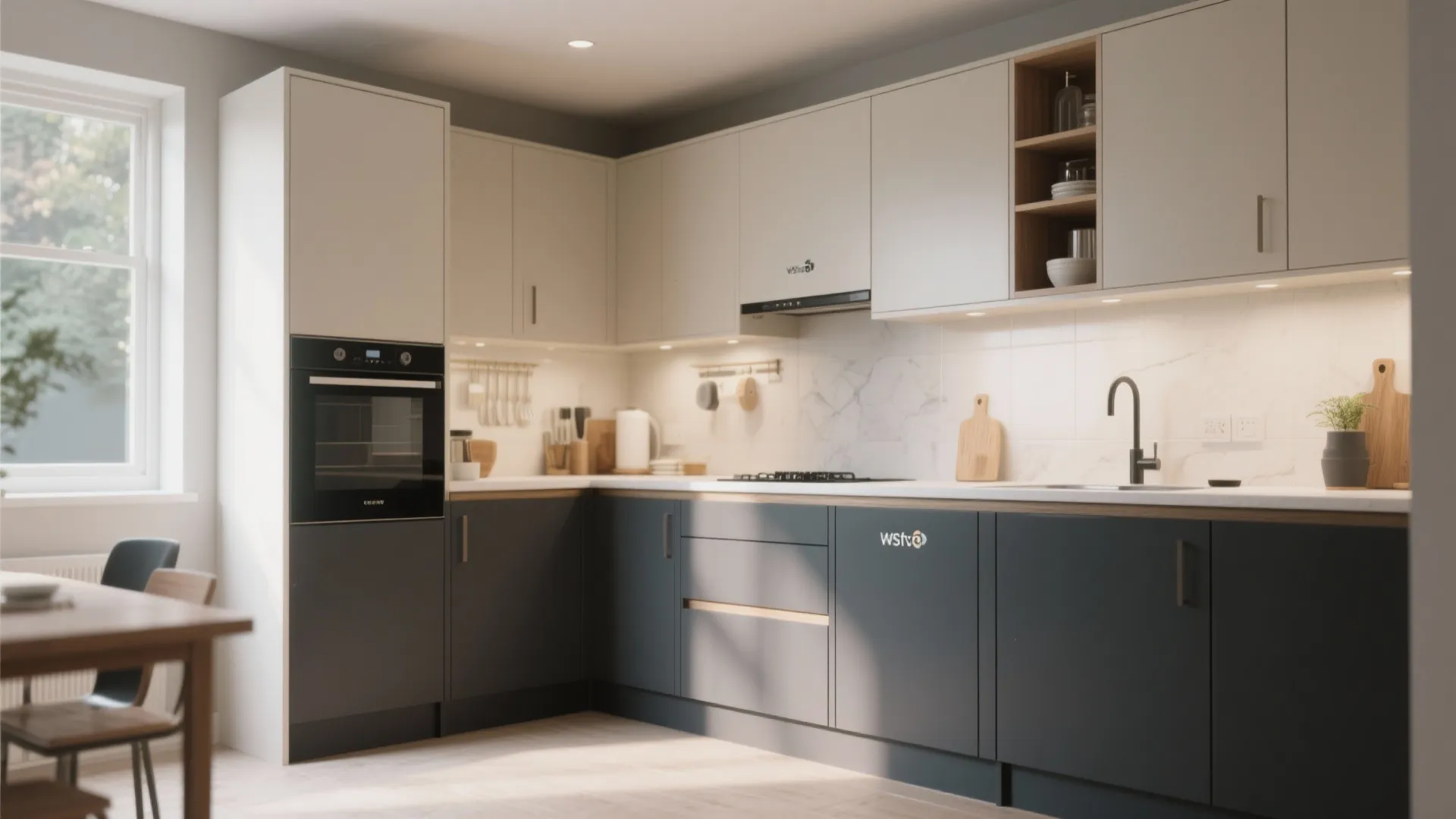 Modern L shaped kitchen with white upper cabinets grey lower cabinets and a built in oven