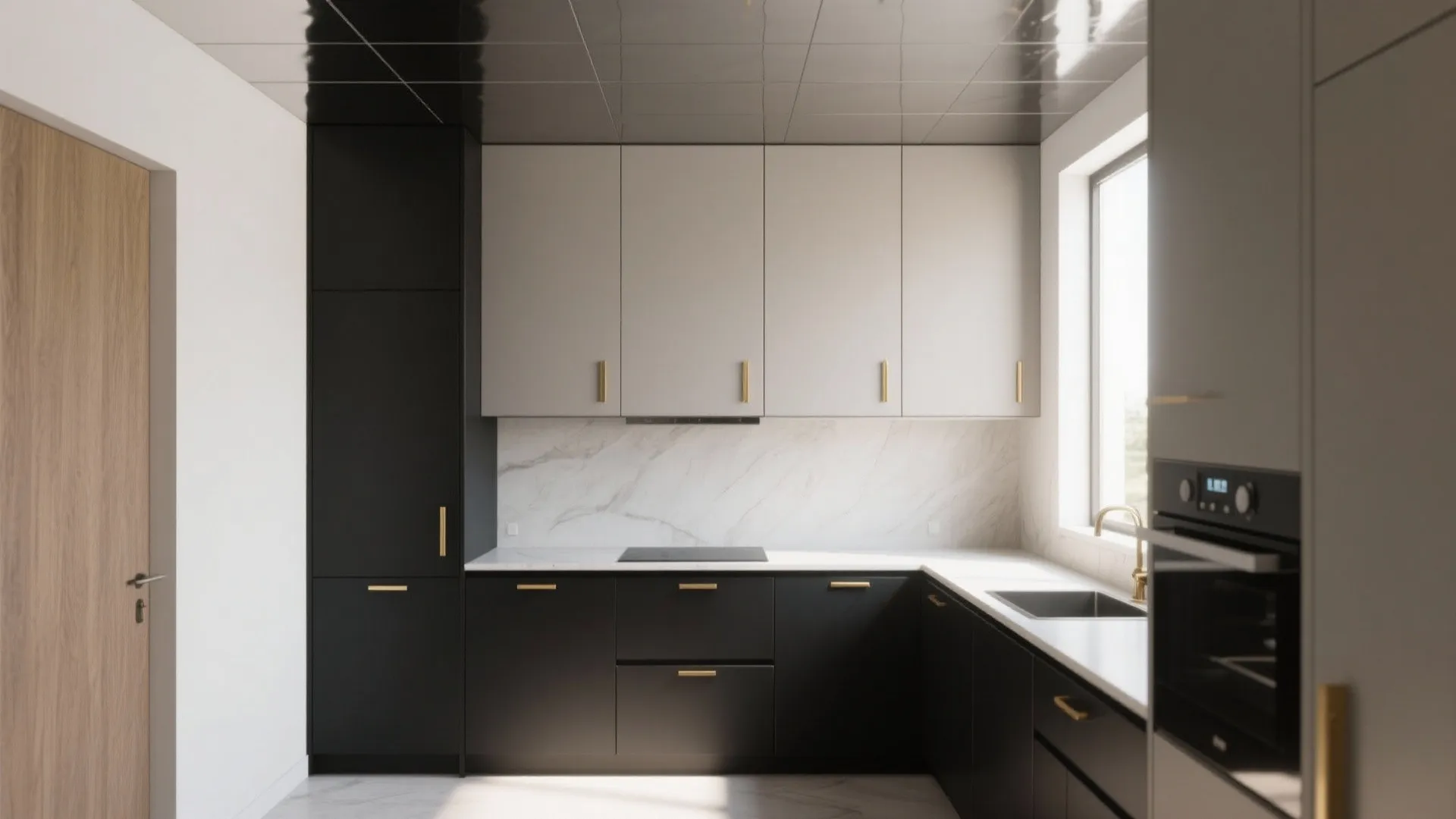 2. Two-tone cabinetry: black base, gray uppers