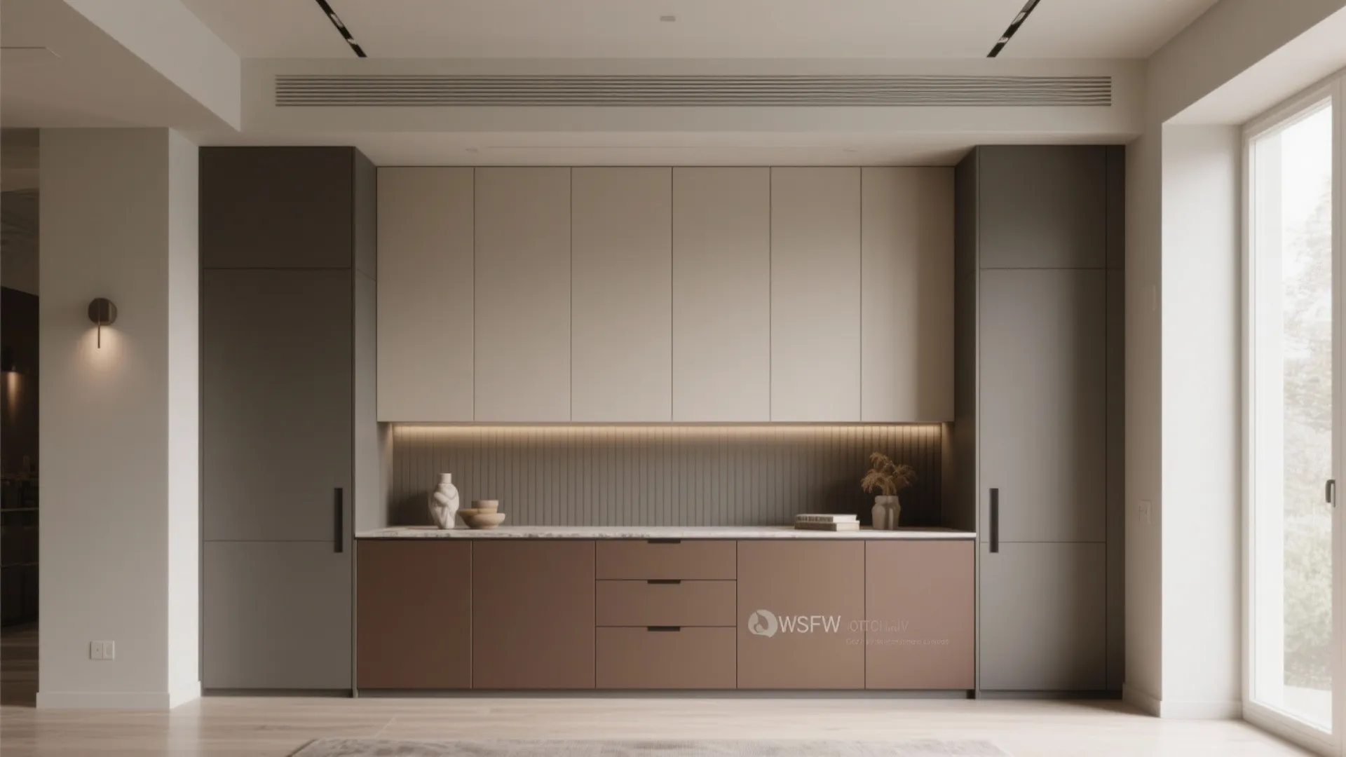 1. Two-tone cabinetry with warm grey brown