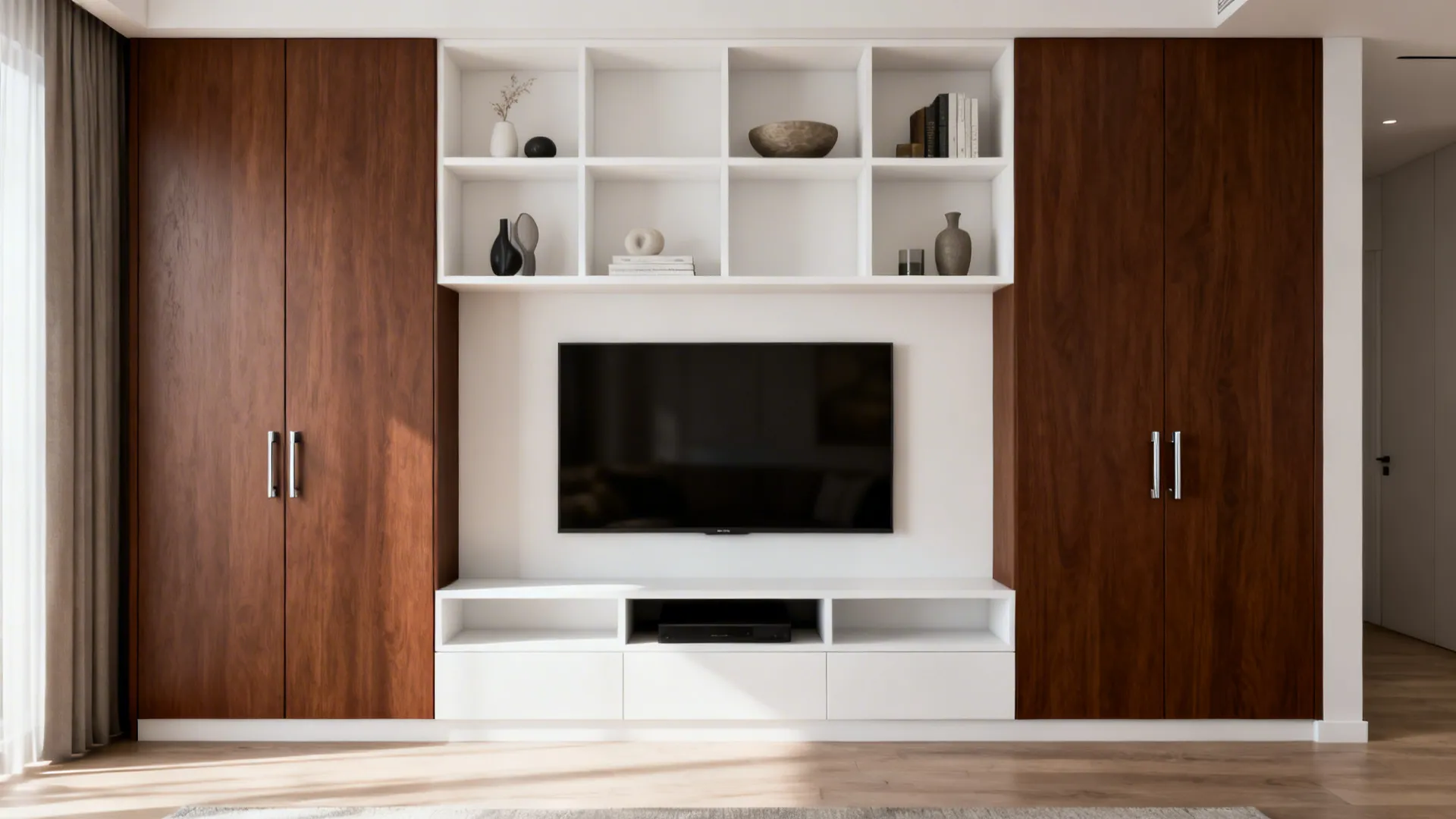 Two-tone media wall with brown lower cabinets and white upper shelving in an open-plan living room