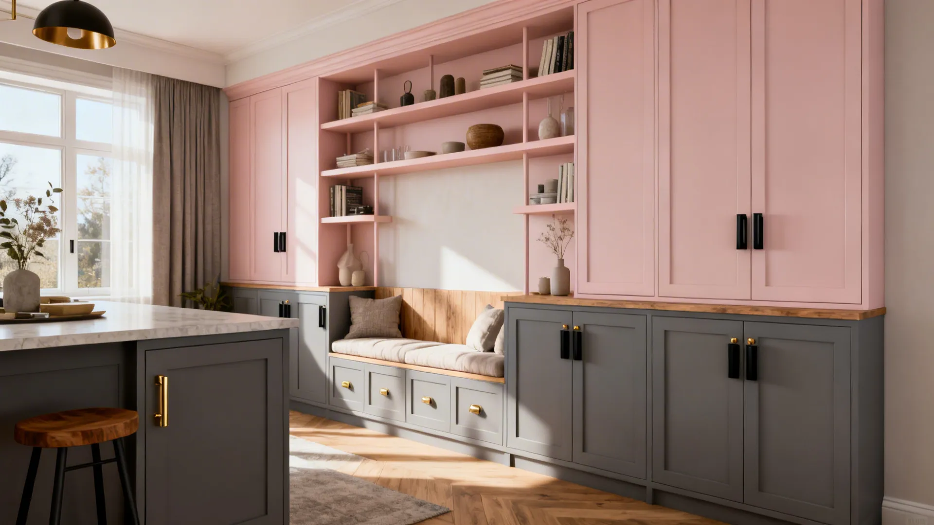 Open-plan living with grey lower cabinets and pale pink upper shelves