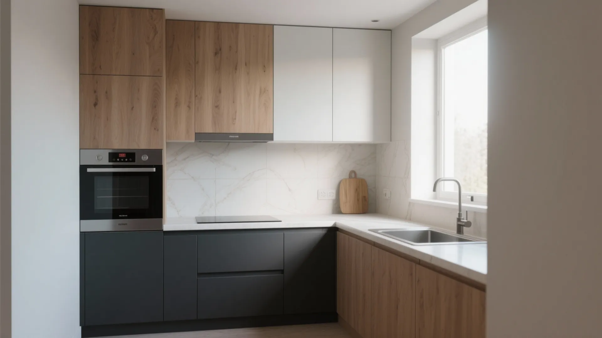 Small kitchen with dark lower cabinets and light upper cabinets