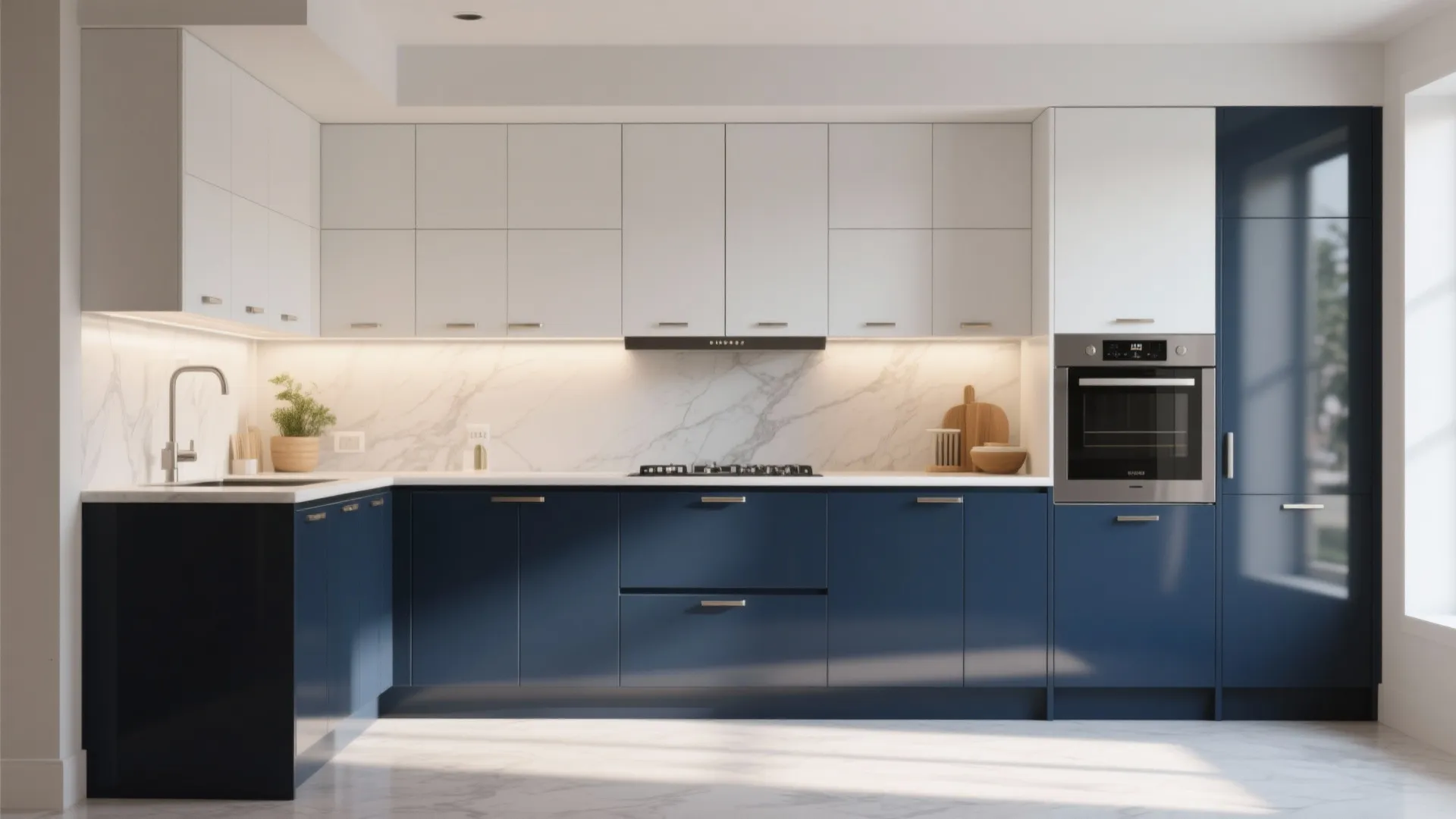 Modern kitchen with white upper cabinets and navy blue lower cabinets plus a marble wall splash
