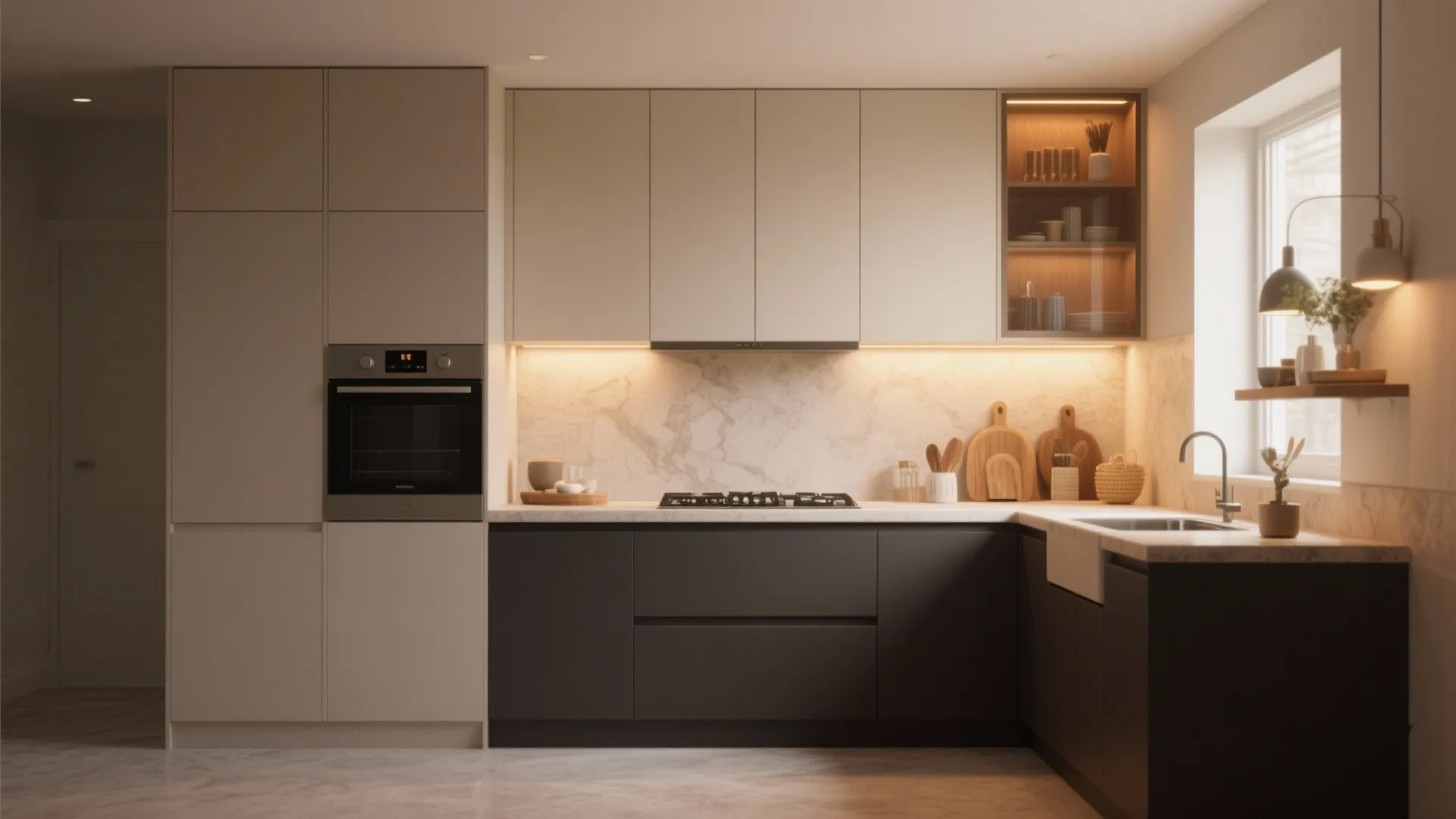 Modern L-shaped kitchen featuring white upper cabinets and dark grey lower cabinets with marble backsplash
