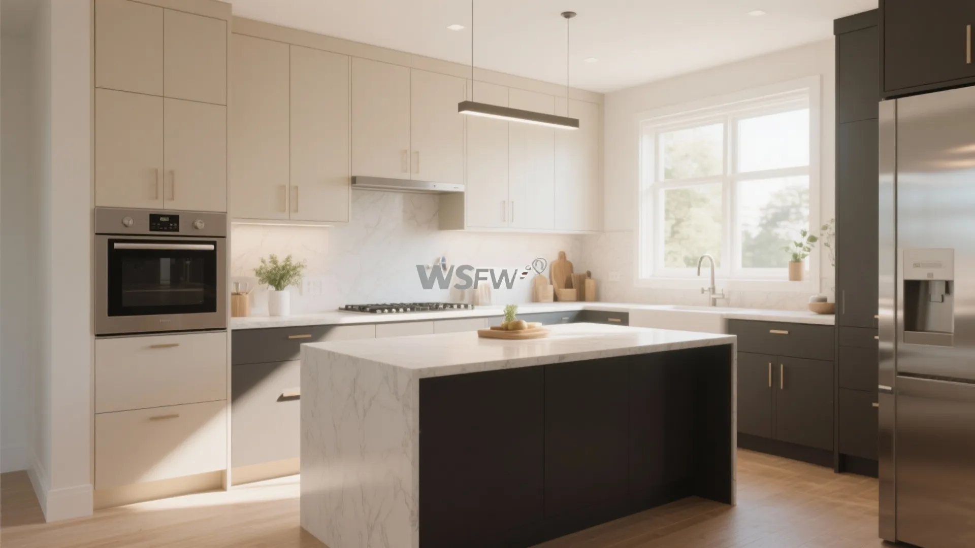 Spacious two tone kitchen design with marble island dark grey bottom cabinets and beige wall units