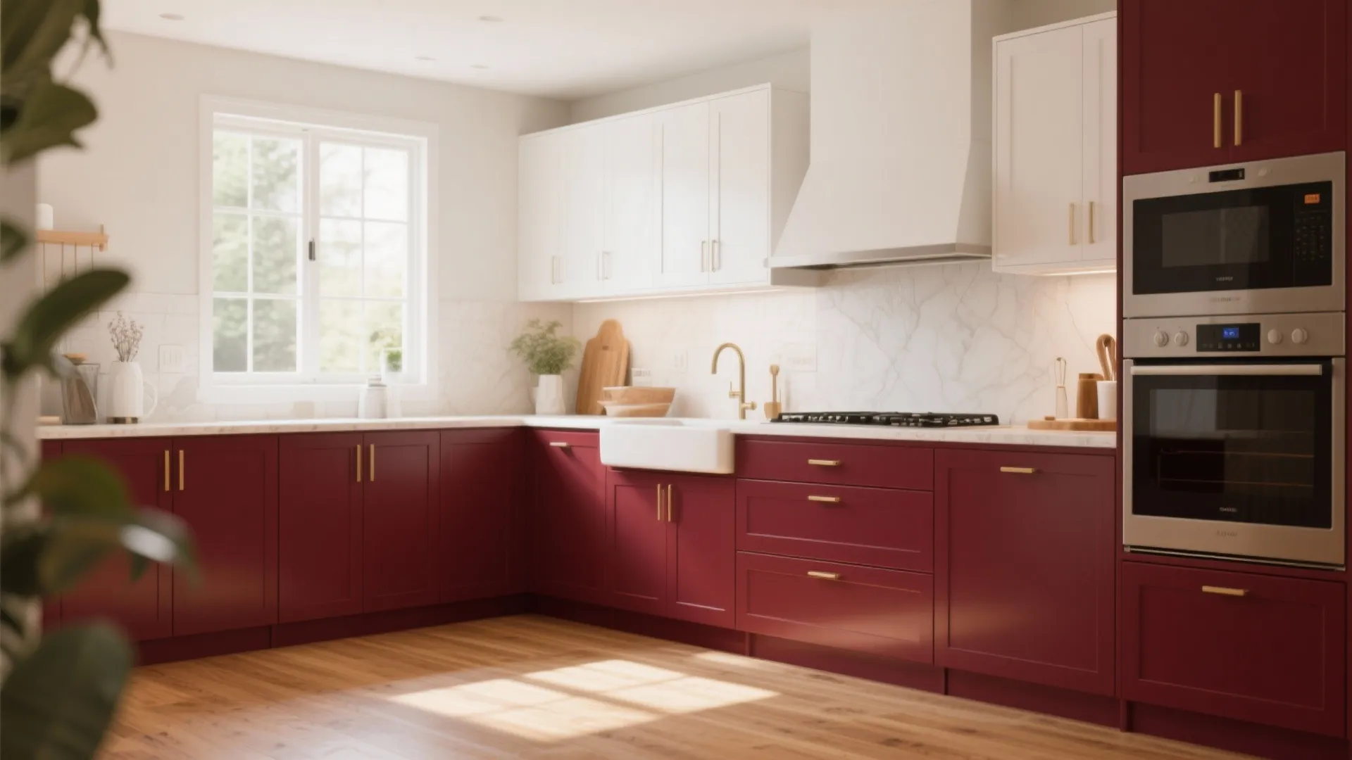 Modern kitchen with red base cabinets white upper wall cabinets marble backsplash and light wood floor