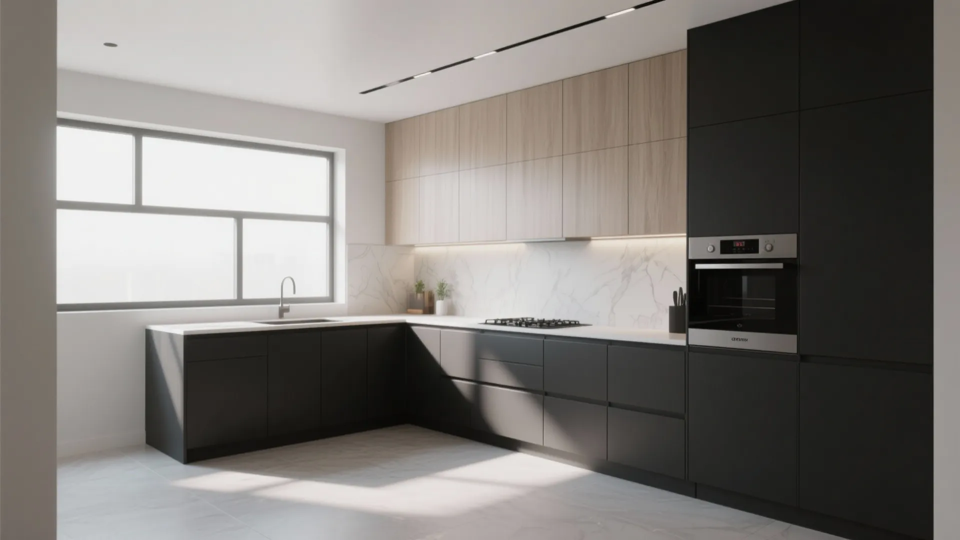L-shaped kitchen with dark lowers and light uppers for contrast