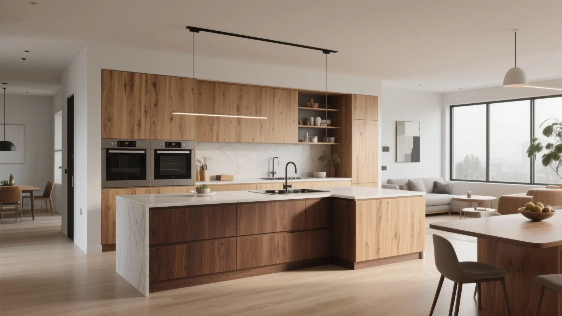 Modern kitchen with two tone wood cabinets white marble island ceiling light and open living space