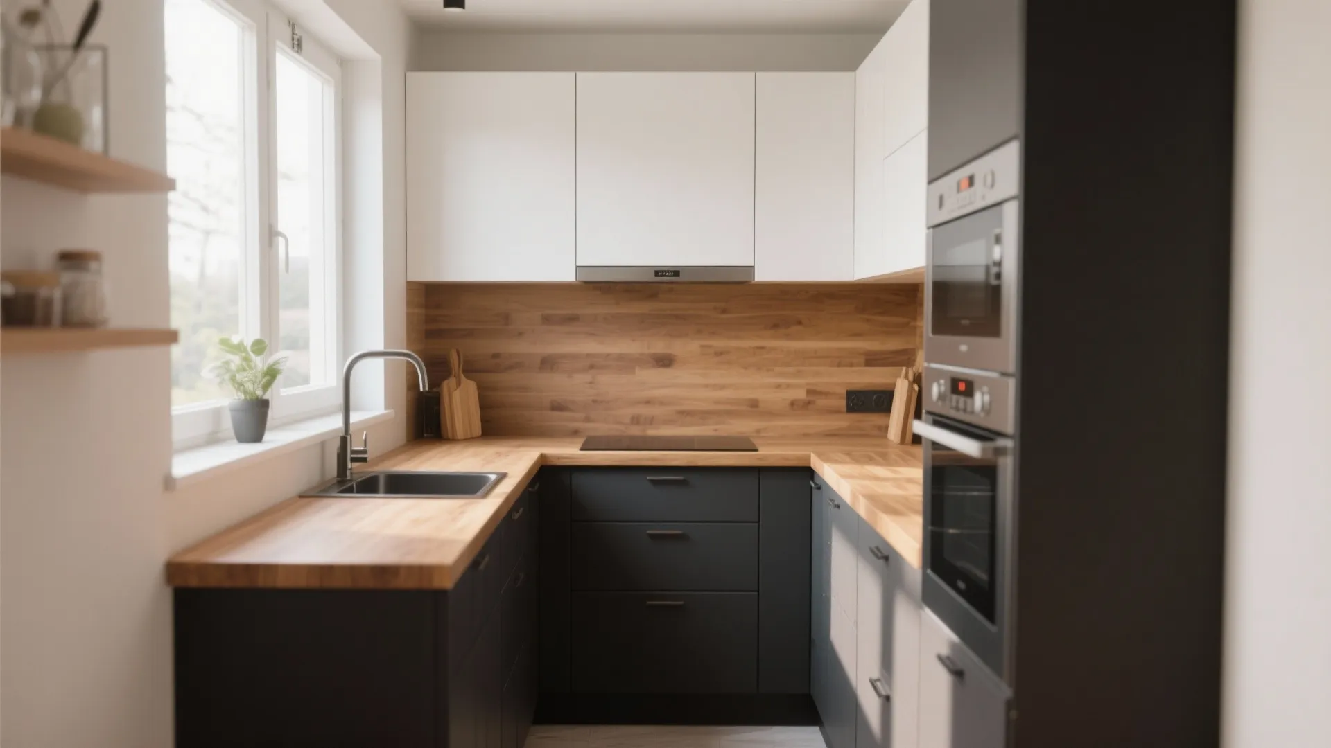 Modern kitchen with white upper cabinets dark lower cabinets wooden backsplash sink and built-in ovens