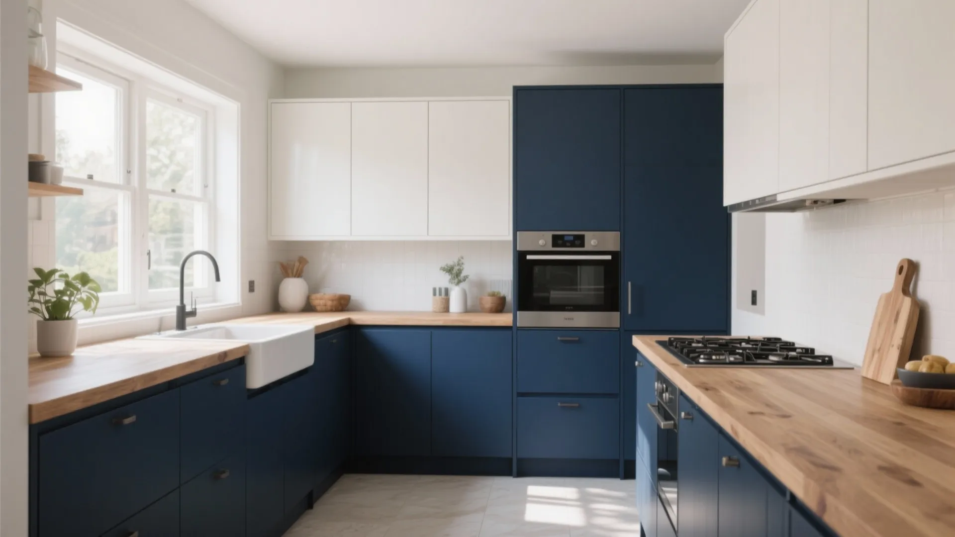 L-shaped kitchen with navy blue lower cabinets white upper cabinets wood countertops and a window