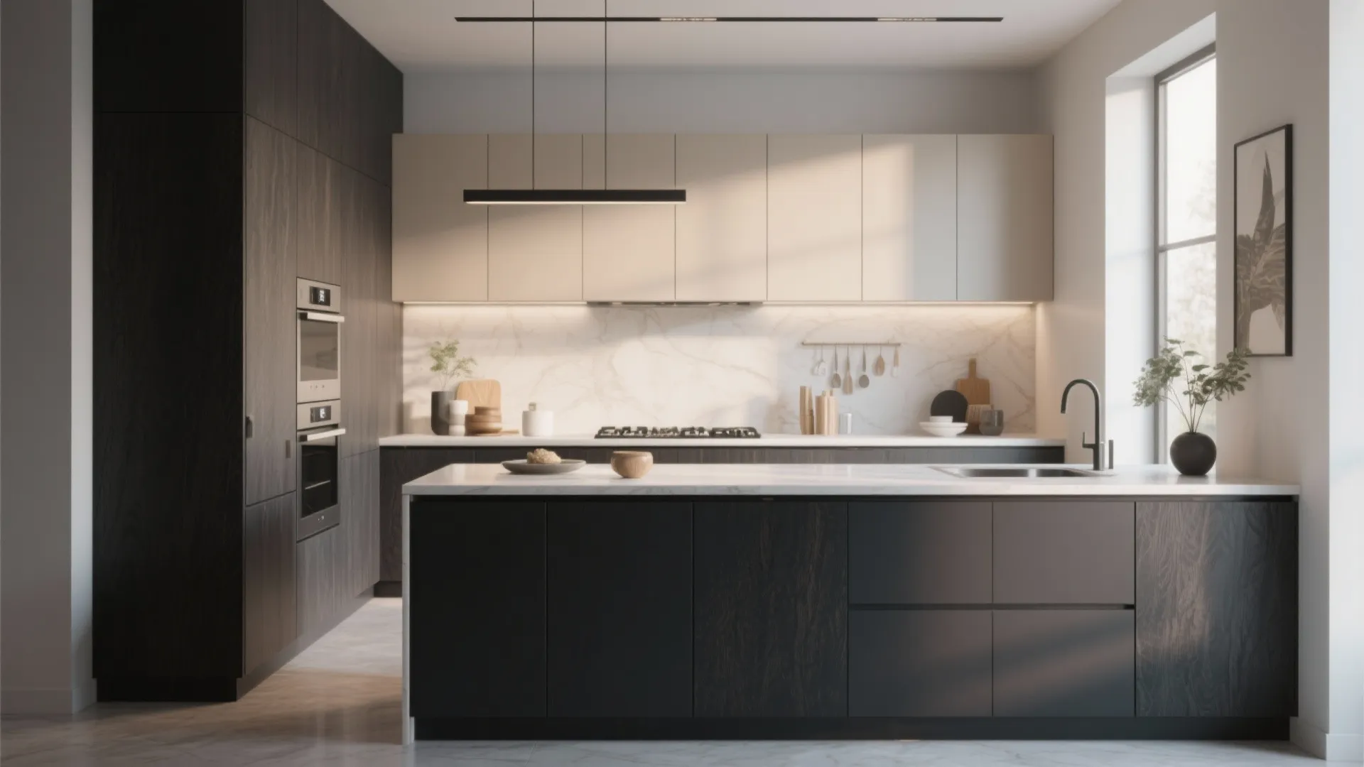 Modern kitchen with dark wood island light beige cabinets marble surfaces and black ceiling light