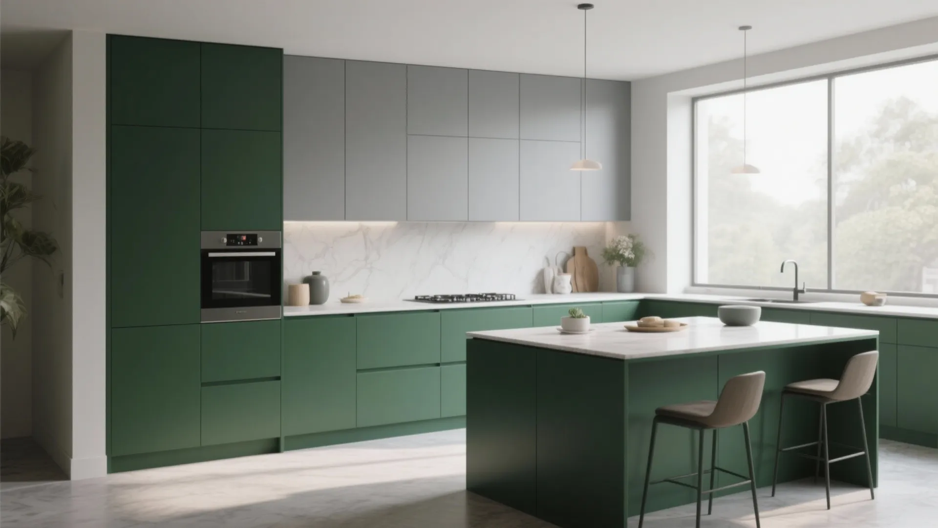Modern kitchen featuring green and grey cabinets with marble backsplash plus a central island workspace