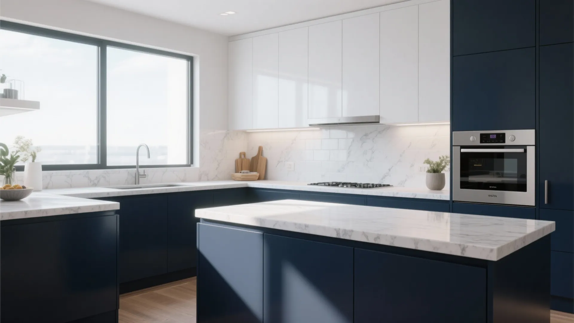 Modern kitchen with blue lower cabinets white upper cabinets marble island oven and large window