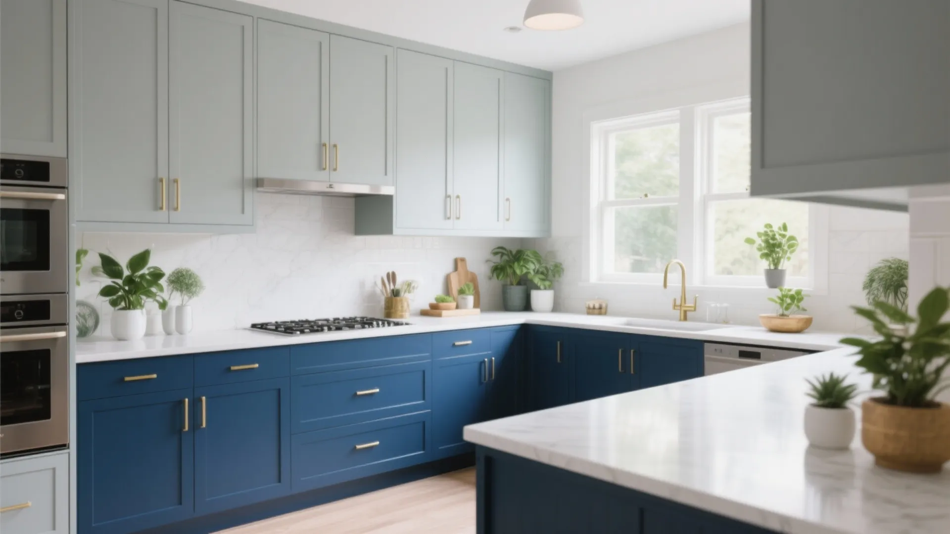 Modern kitchen with grey upper cabinets blue lower cabinets white marble countertop gold metal handles