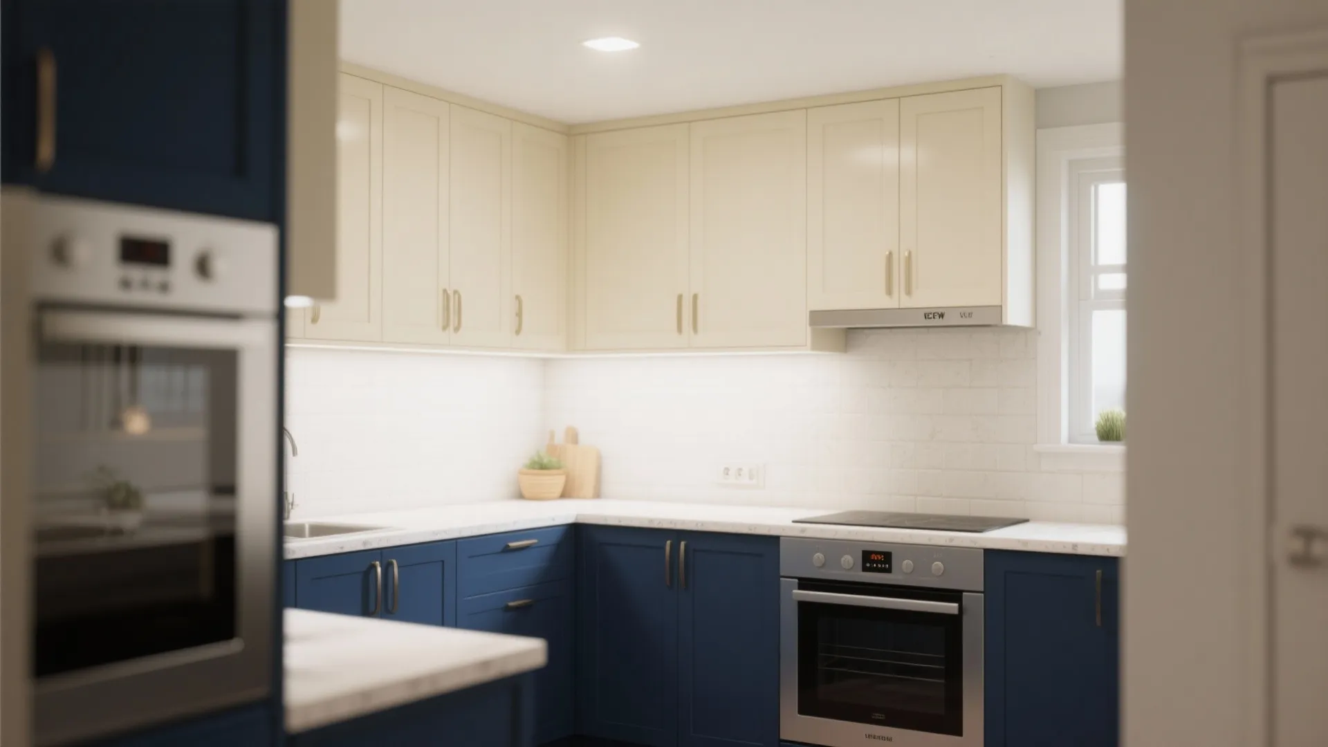 Modern kitchen interior design with cream upper cabinets blue lower cabinets and white tiled wall