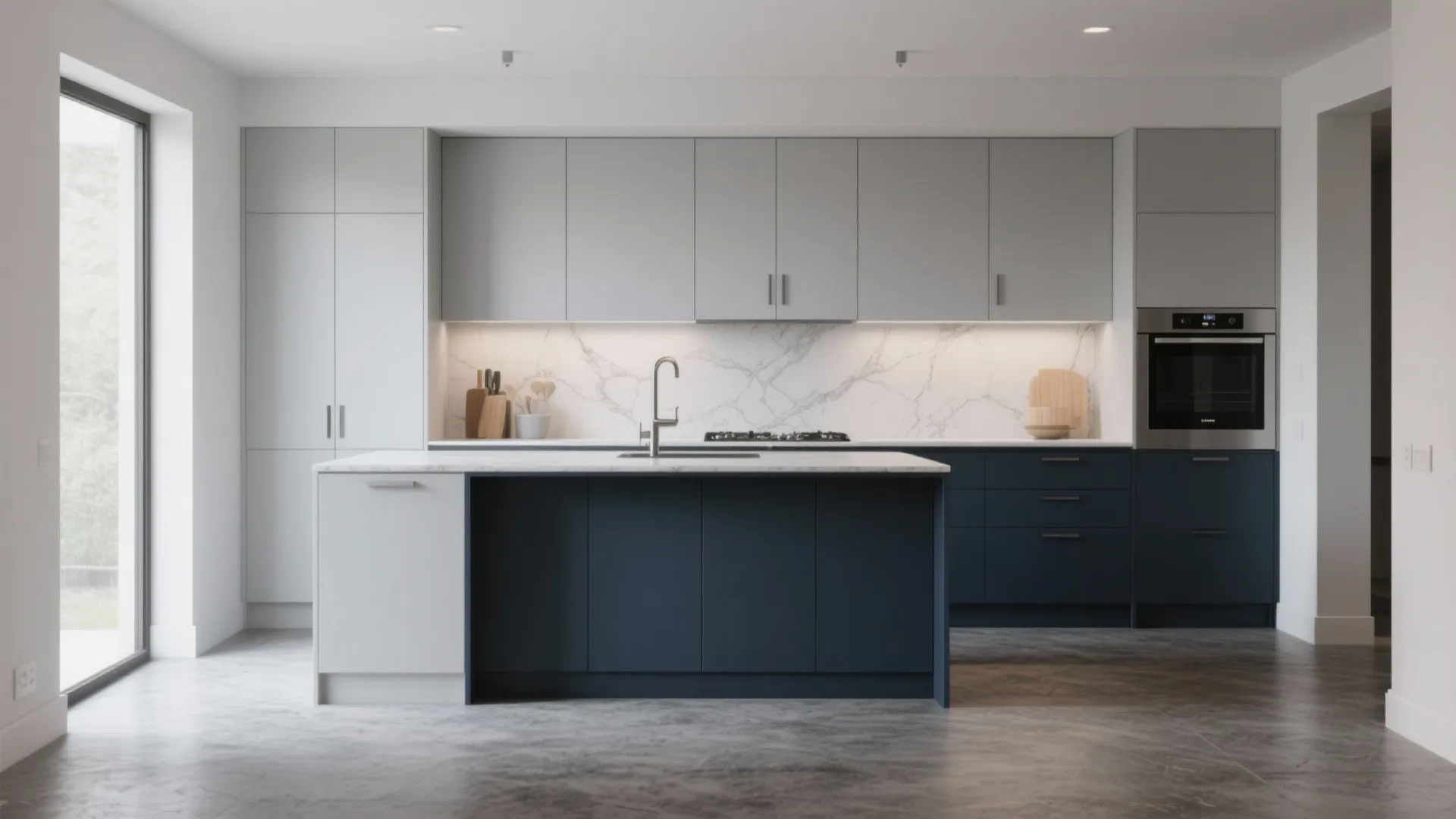 Modern kitchen with white upper cabinets dark blue lower cabinets marble backsplash and large center island