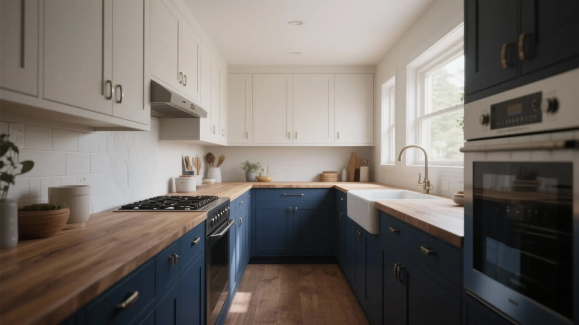 Modern kitchen with white upper cabinets blue lower cabinets wood countertops and white tile walls