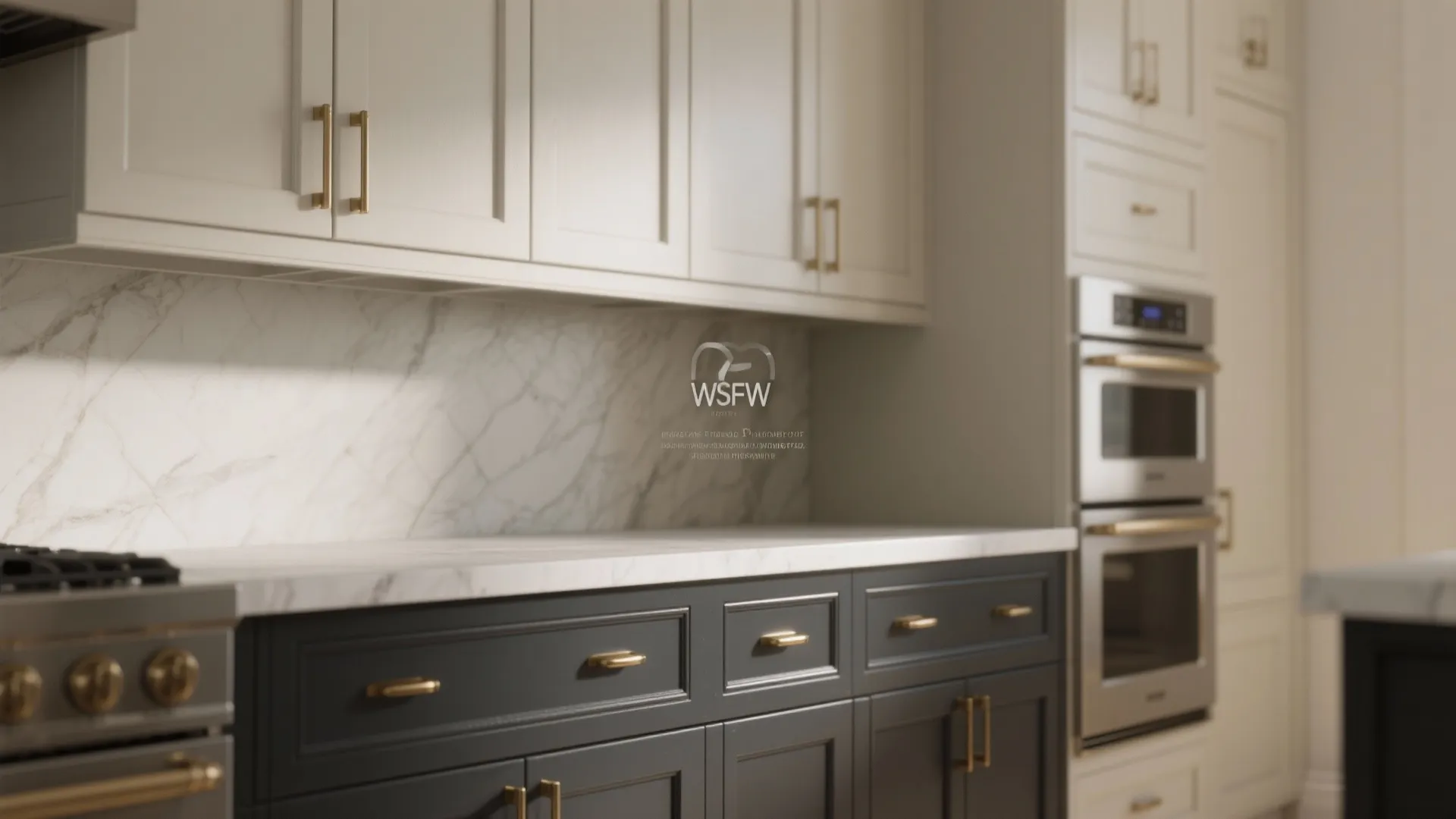 Two-tone kitchen cabinets with light upper paint and darker bases, featuring transitional brass hardware.