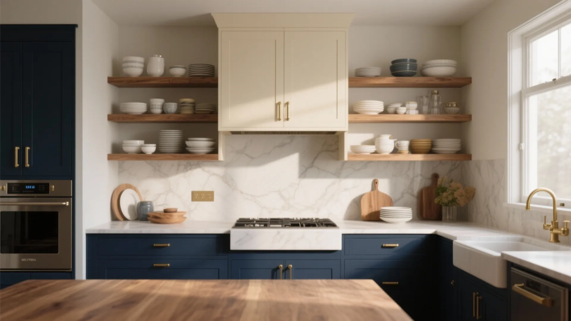 2. Two-tone cabinets with open shelving