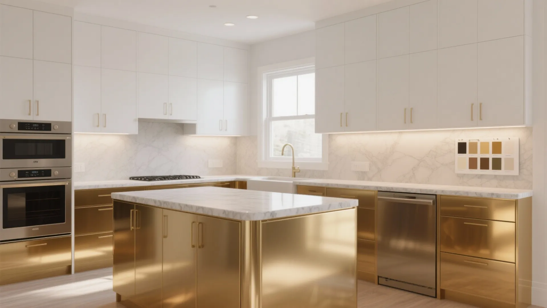 3. Two-tone cabinets: white uppers, warm gold base