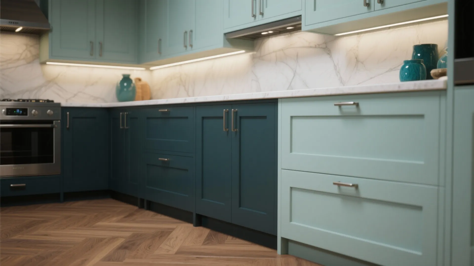 2. Two-tone cabinets to hide zones