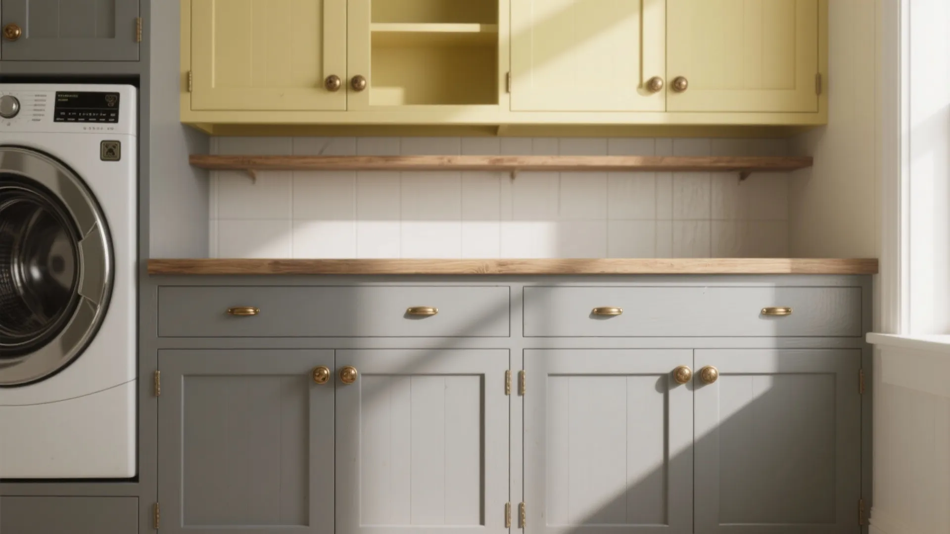 1. Two-tone cabinetry: Gray base, yellow uppers