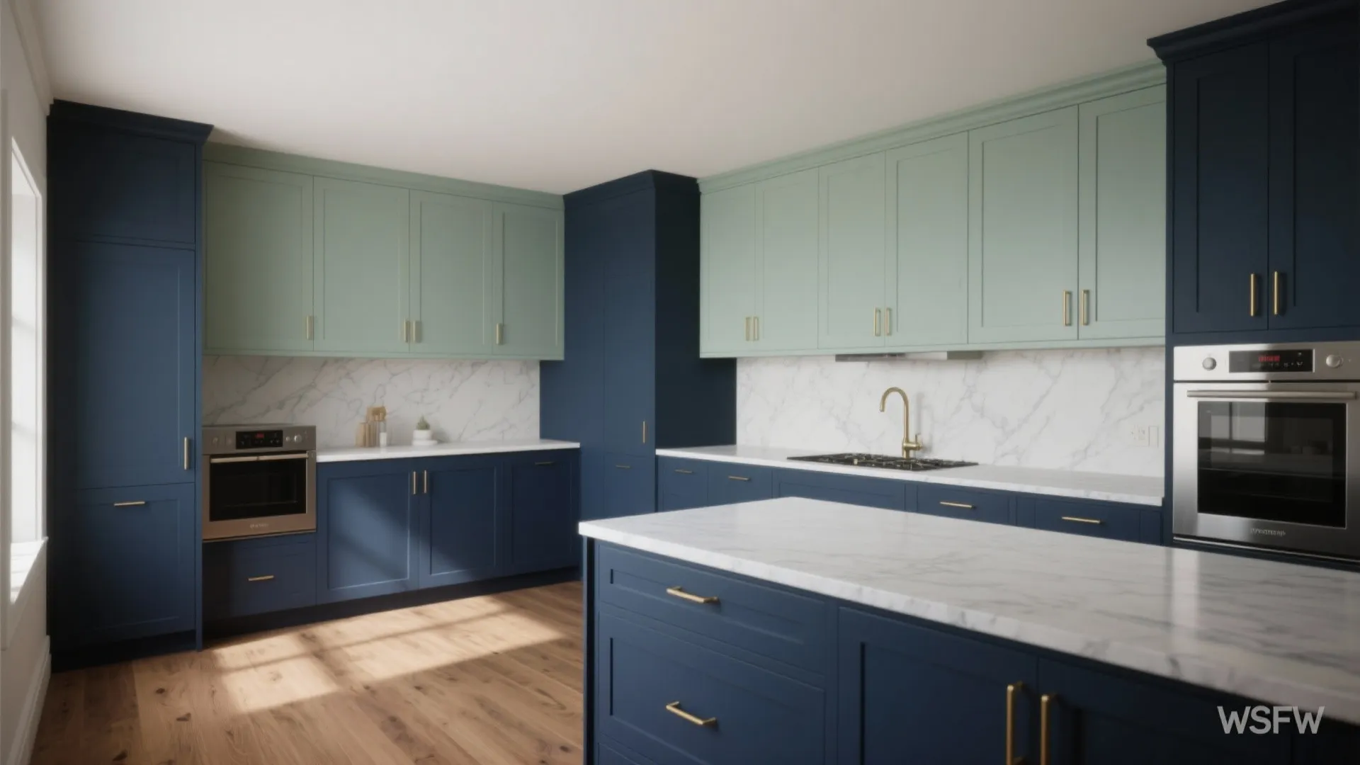 1. Two-tone cabinets: deep blue base, soft green uppers