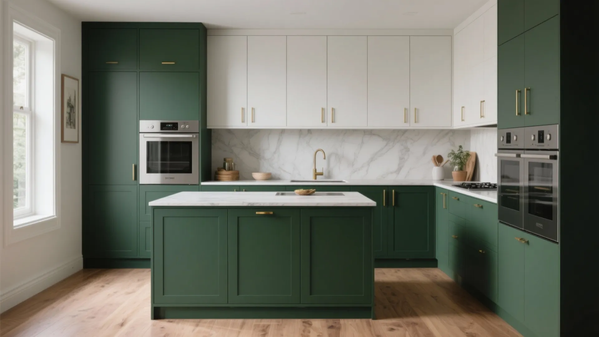 1. Two-tone cabinets: deep green base, crisp white uppers