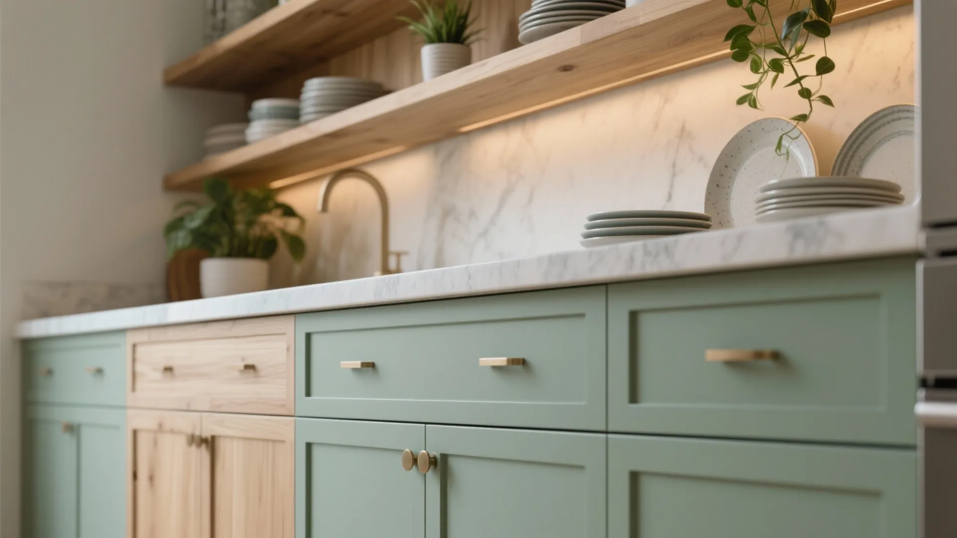2. Two-Tone Cabinets with Open Upper Shelves