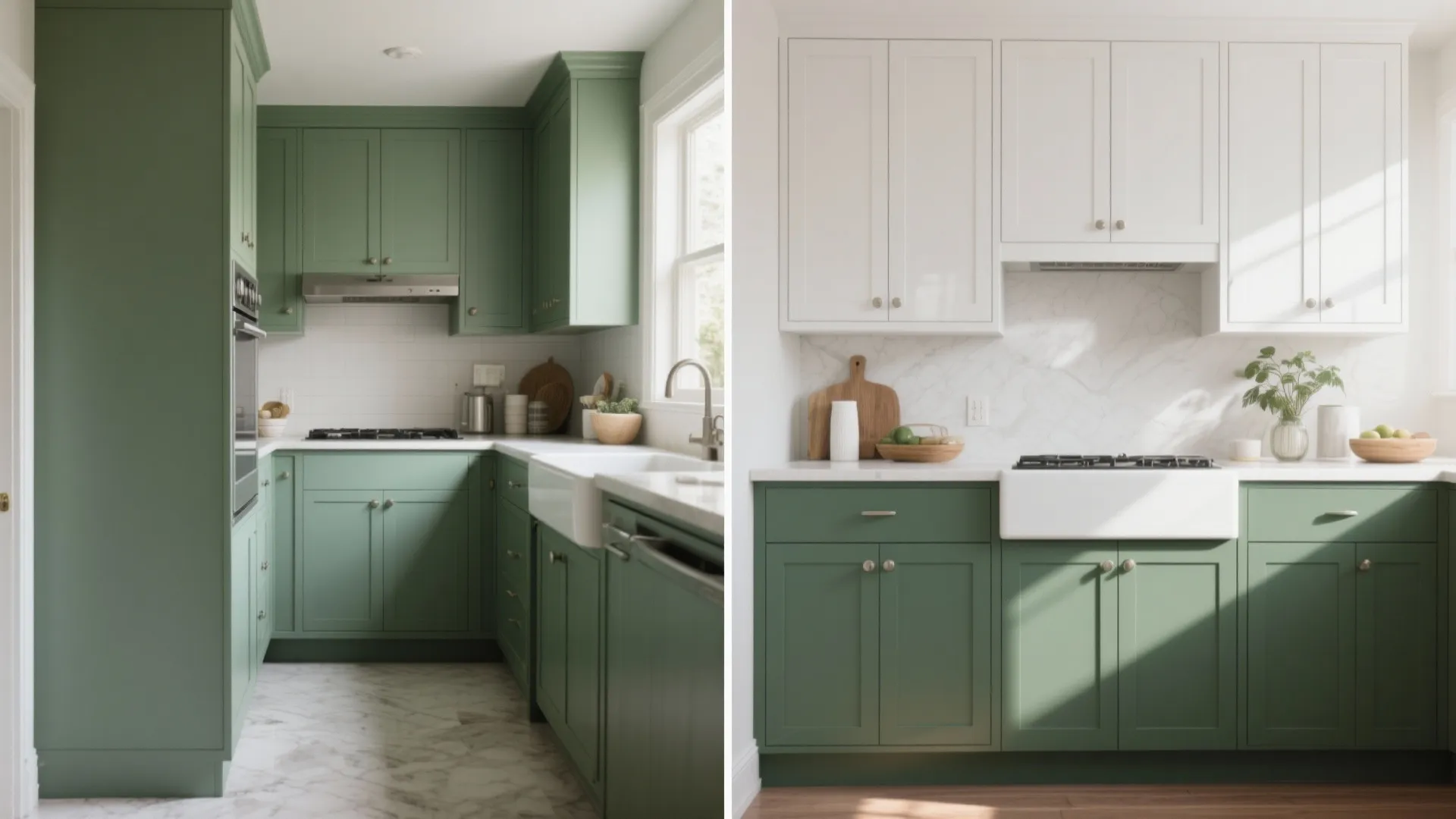 3. Two-tone cabinets: sage base, crisp white uppers