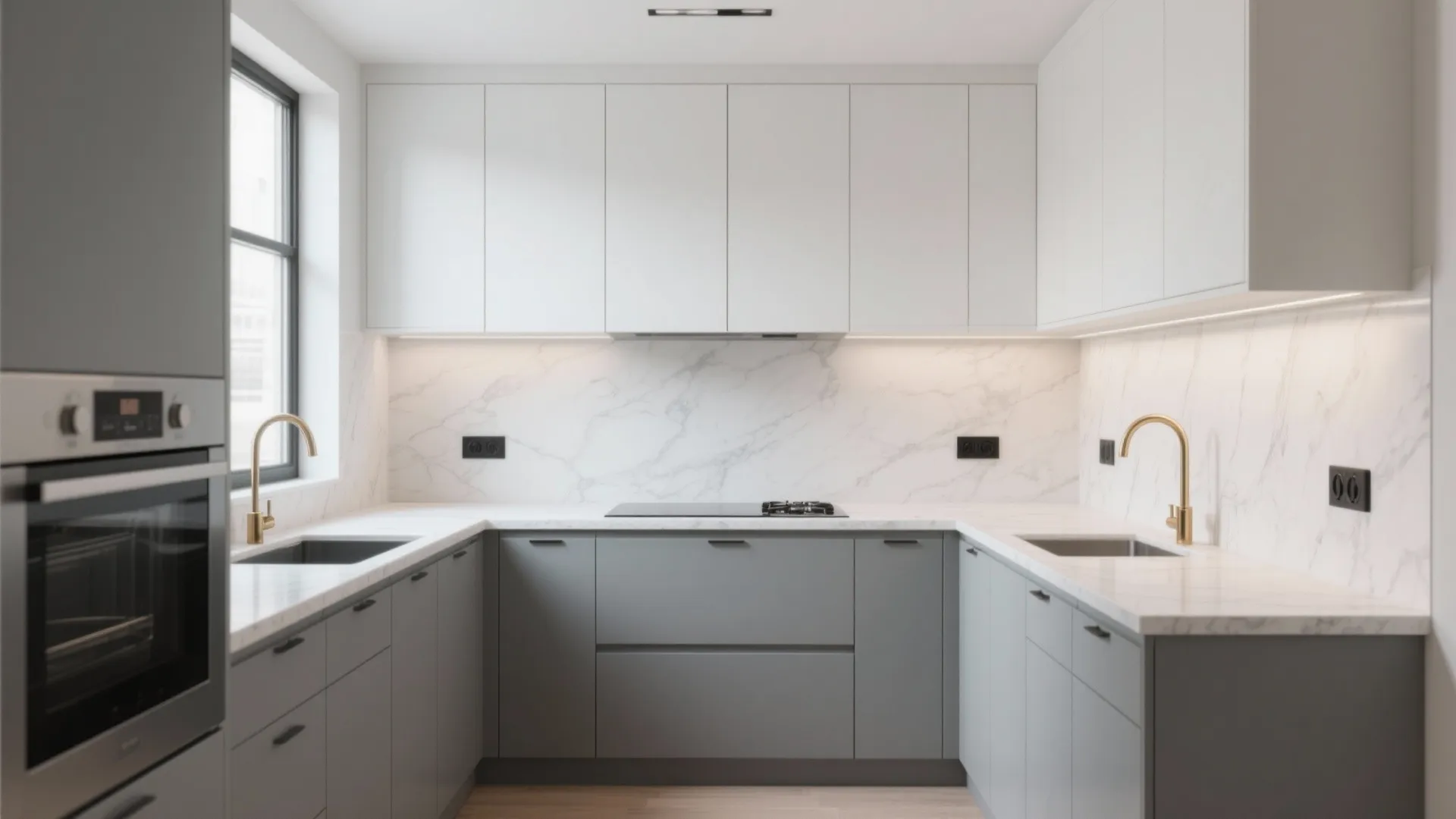 5. Two-tone cabinets: gray below, white above