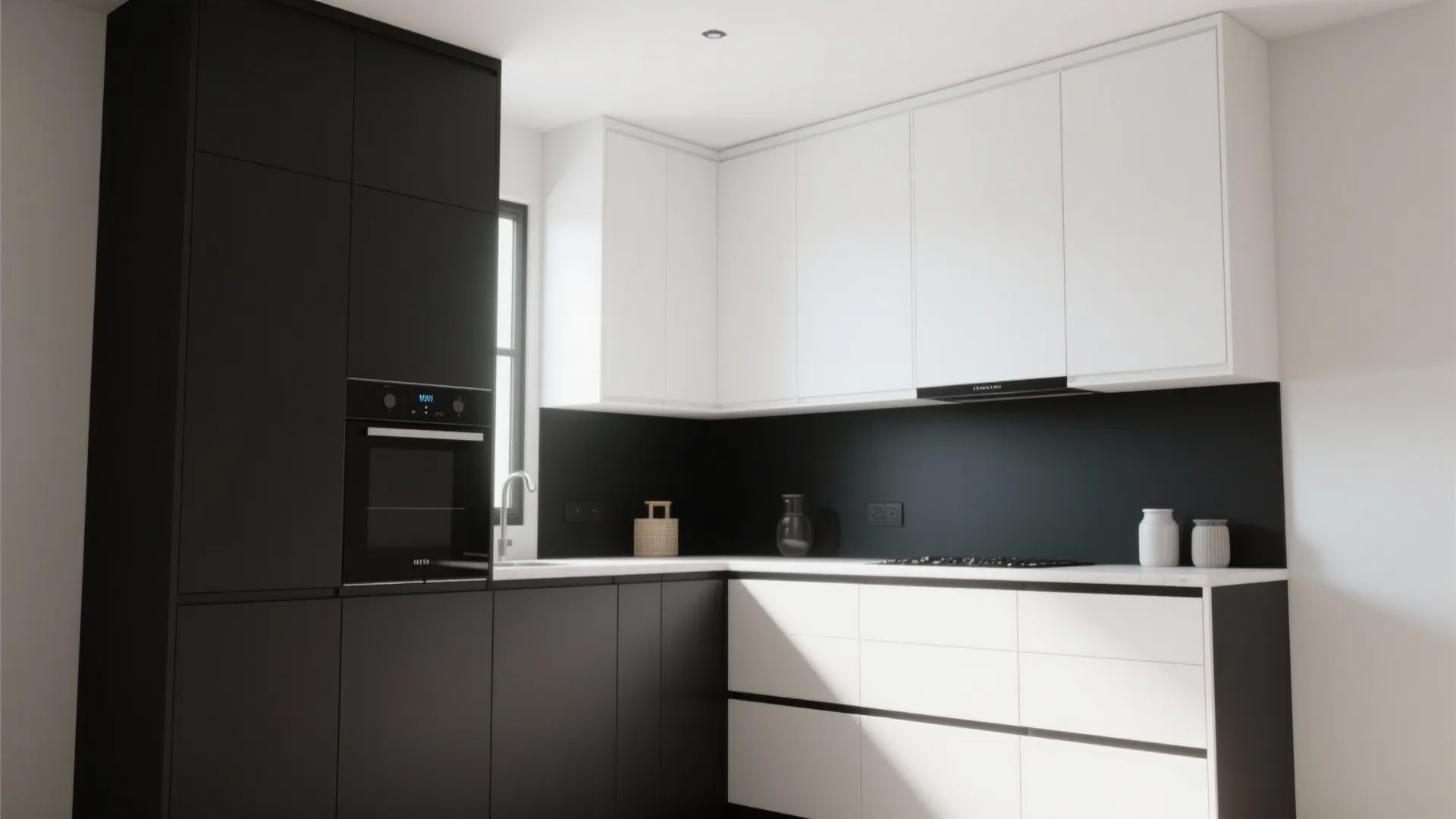 Modern l-shaped kitchen featuring black and white cabinets with a dark backsplash and built-in oven