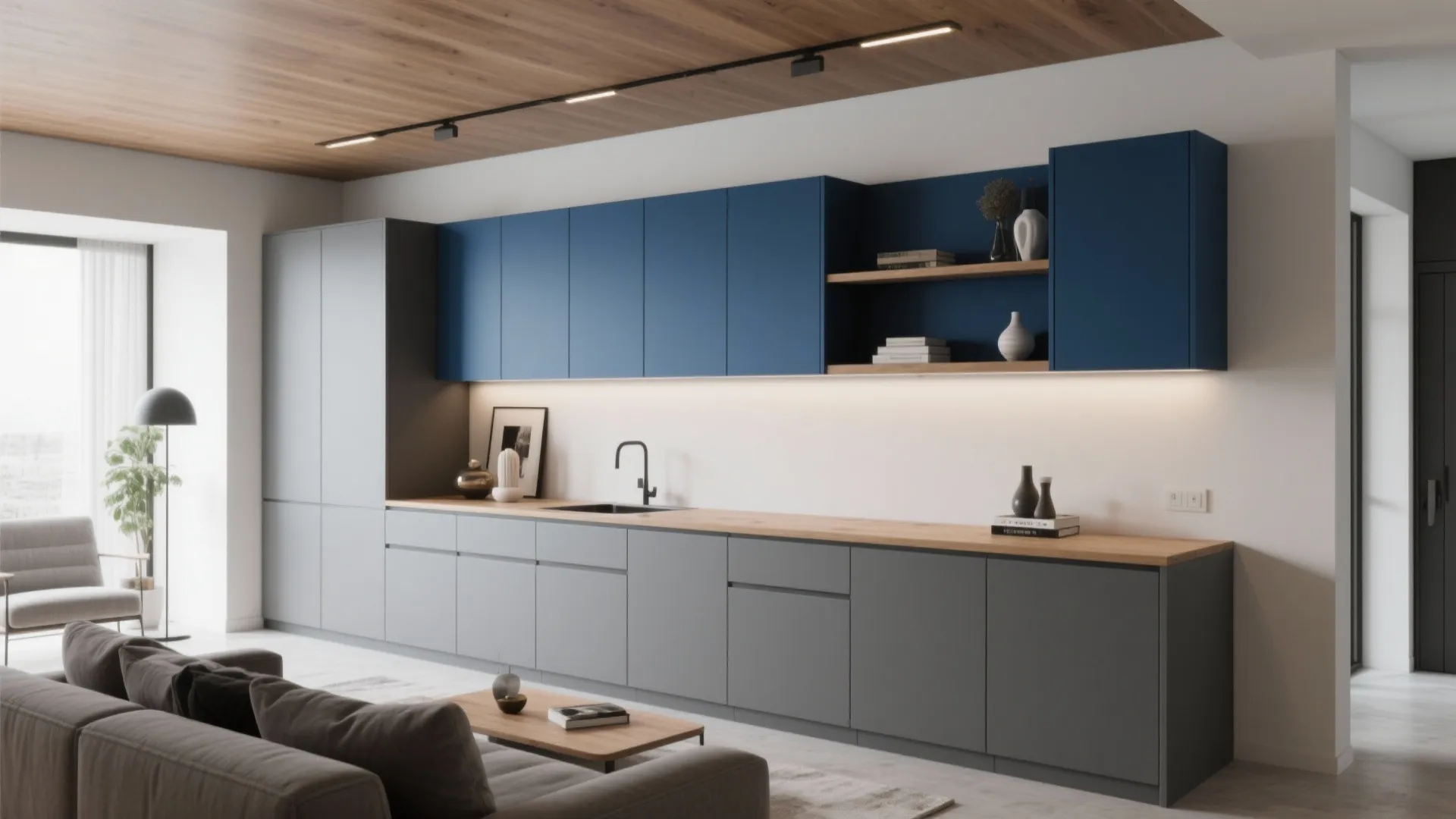 2. Two-tone cabinetry and floating shelves