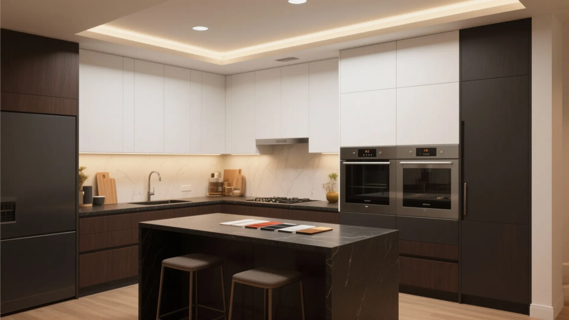 4. Two-Tone Cabinets: White Upper, Dark Lower