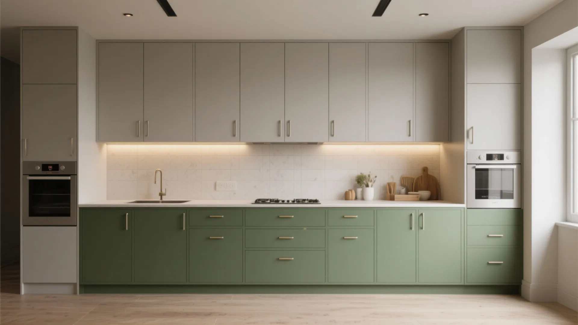 Minimalist kitchen with light grey upper cabinets and olive green lower cabinets plus wood flooring